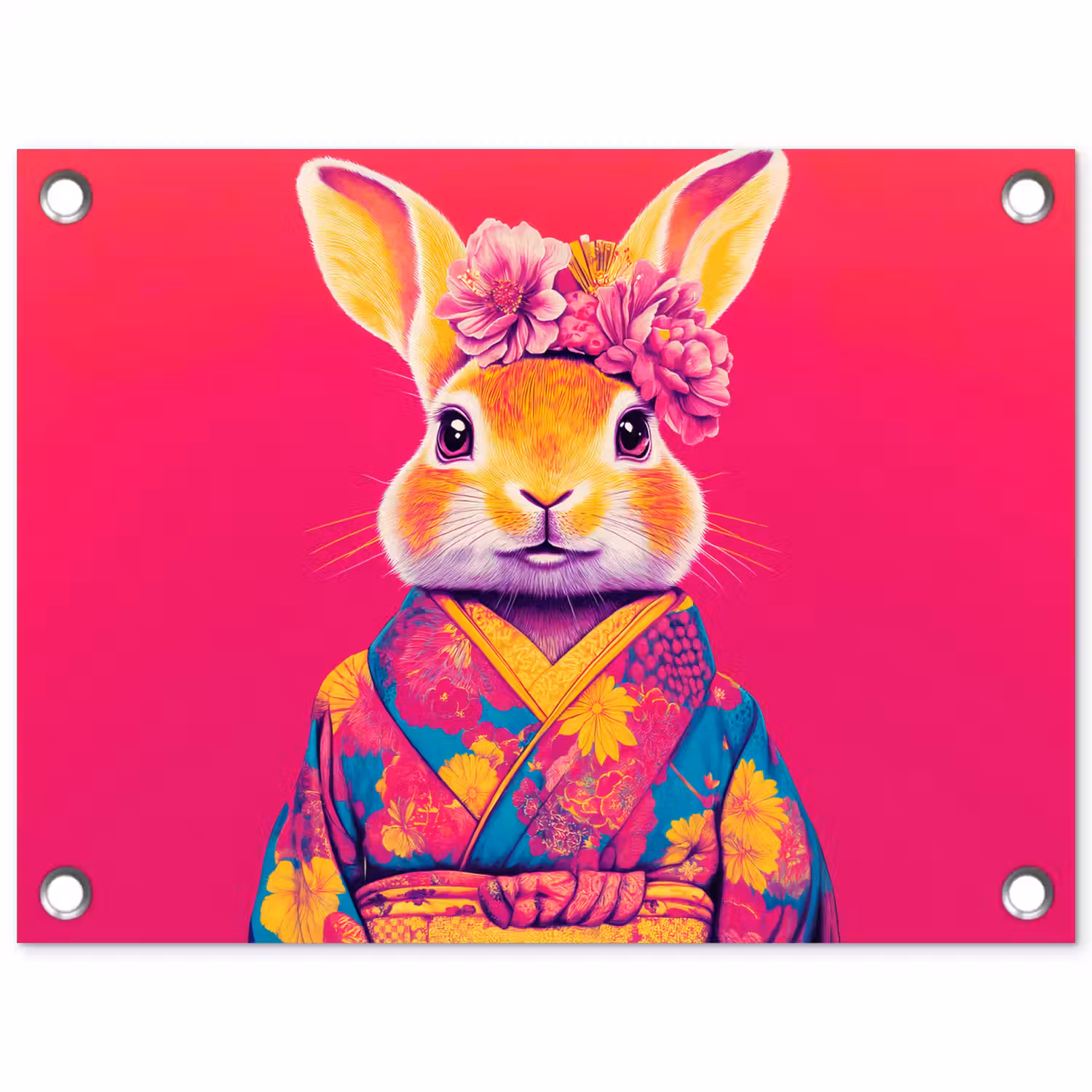 Konijn - Bloemen - Kleurrijk - Kimono tuinposter los doek klein -3d