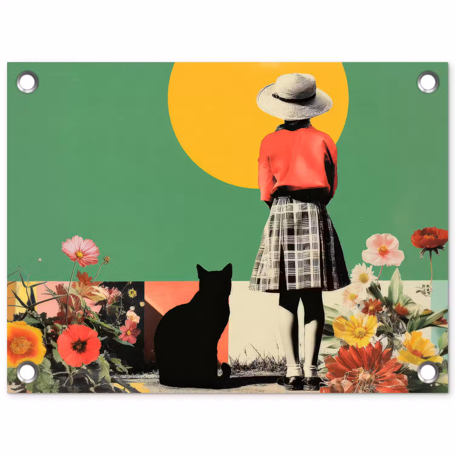 Retro - Meisje - Kat - Zon tuinposter los doek klein -3d