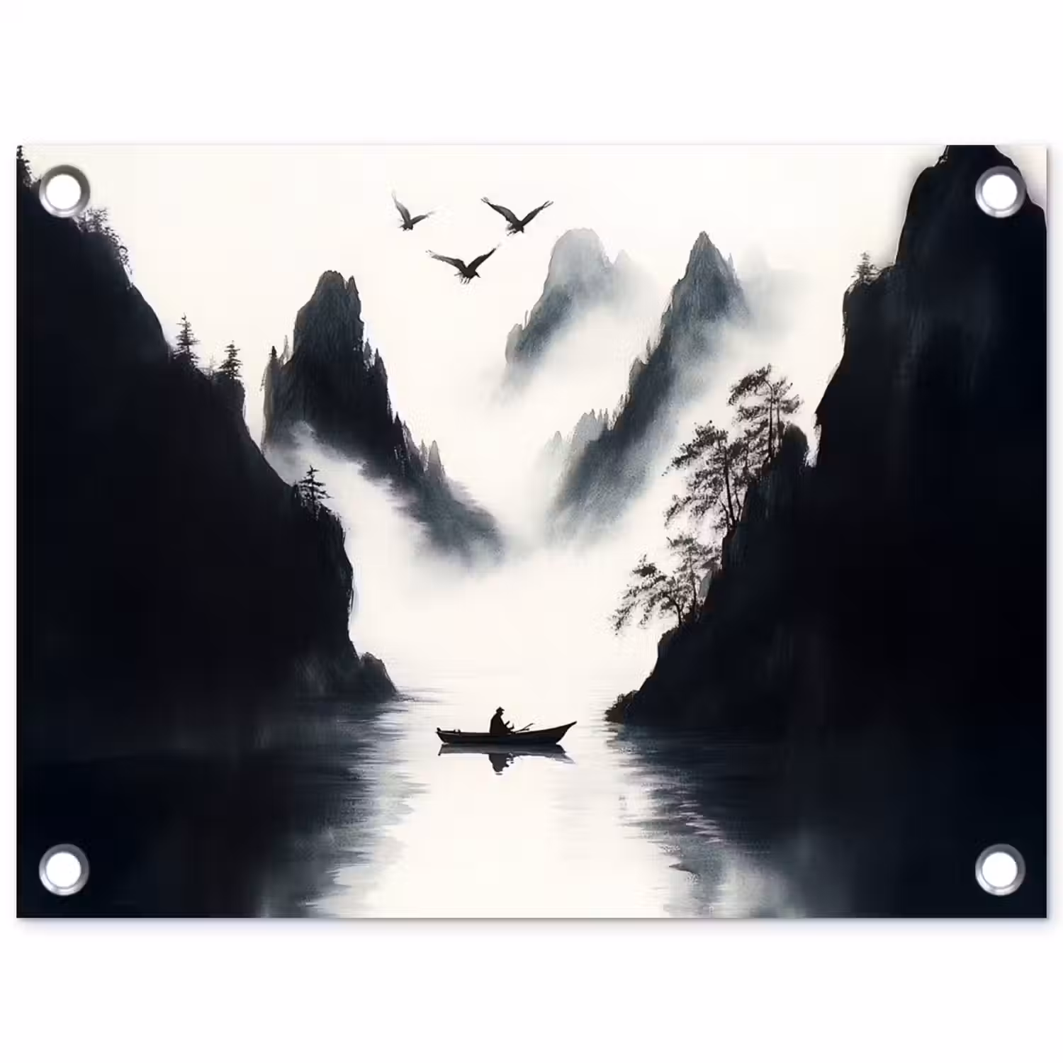 Roeiboot - Mistig - Bergen - Vogels tuinposter los doek klein -3d