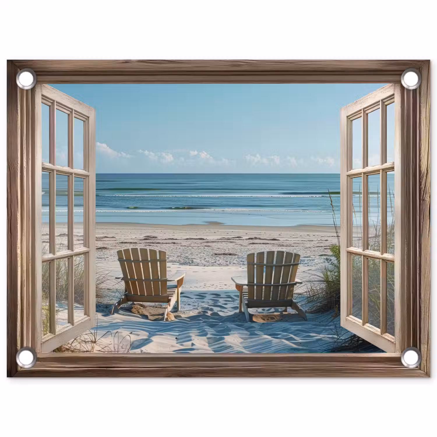Doorkijk - Strandstoelen - Duinen - Zee - Natuur tuinposter los doek klein -3d