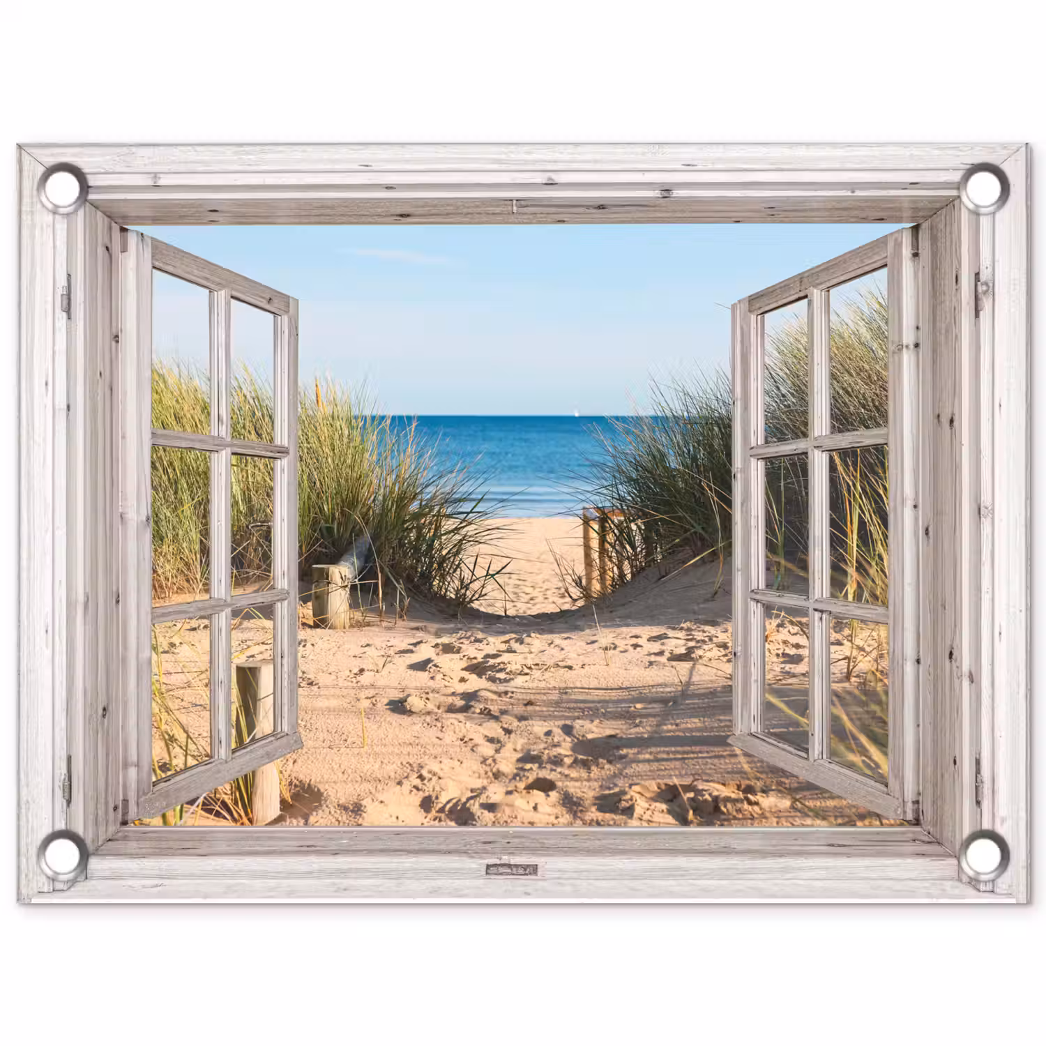 Doorkijk - Strand - Zee - Duinen - Zand - Water - Helmgras tuinposter los doek klein -3d