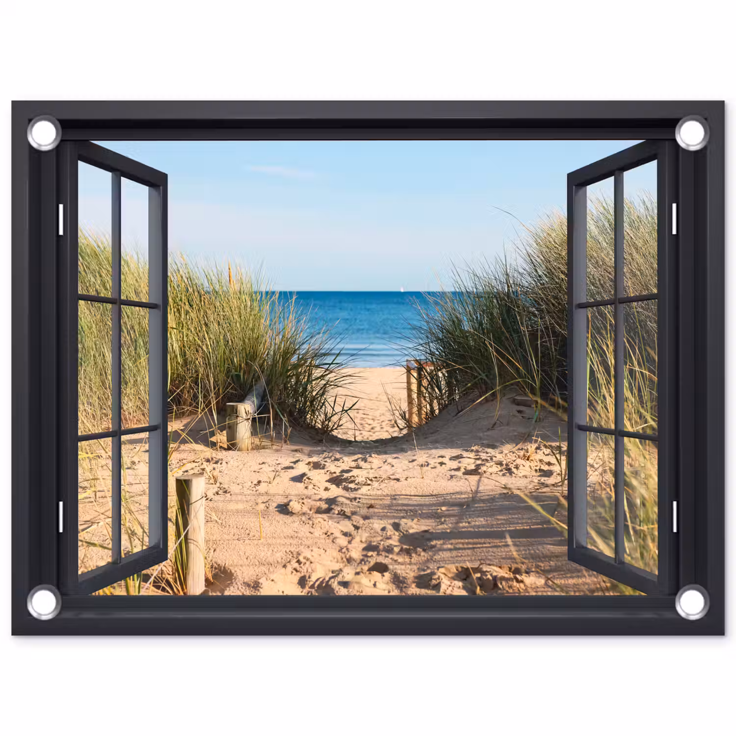 Doorkijk - Strand - Zee - Zand - Water - Helmgras - Duinen tuinposter los doek klein -3d