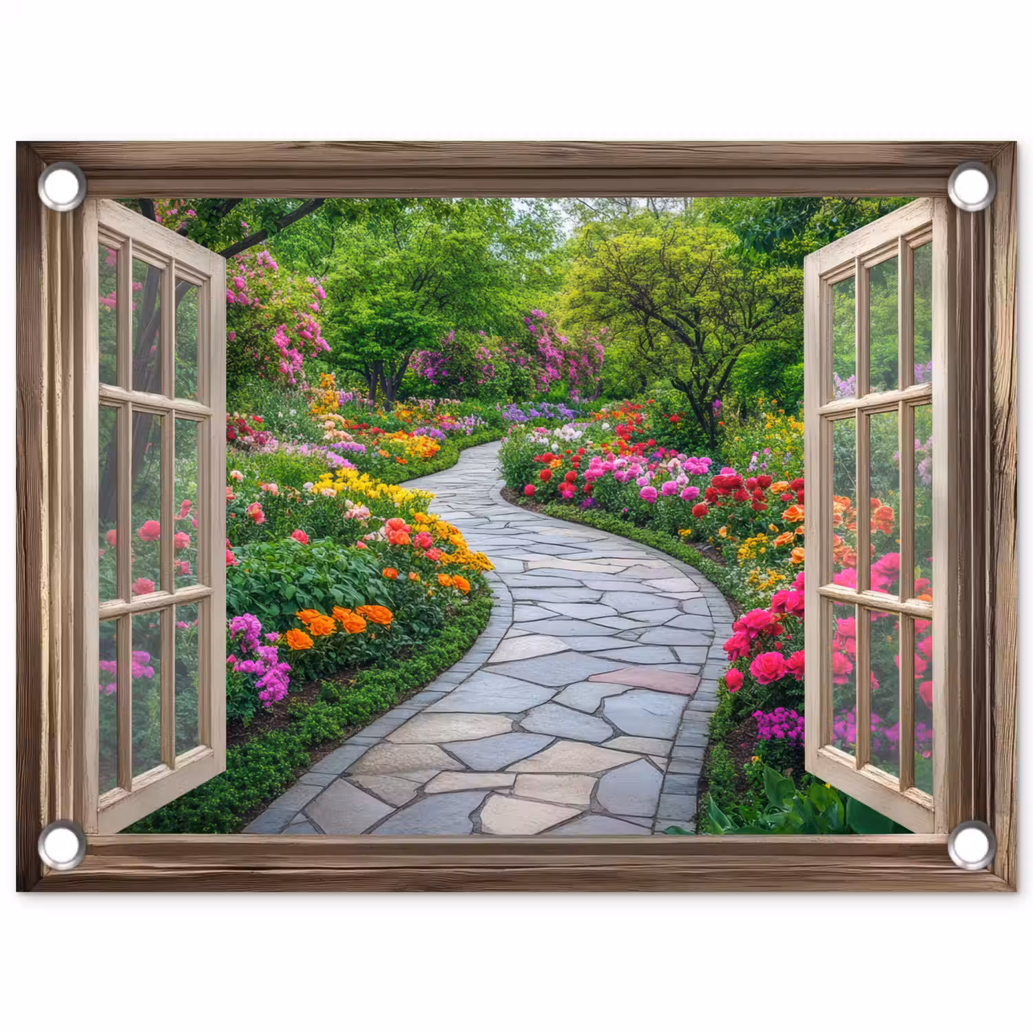 Doorkijk - Bloemen - Tuinpad - Natuur - Raam tuinposter los doek klein -3d