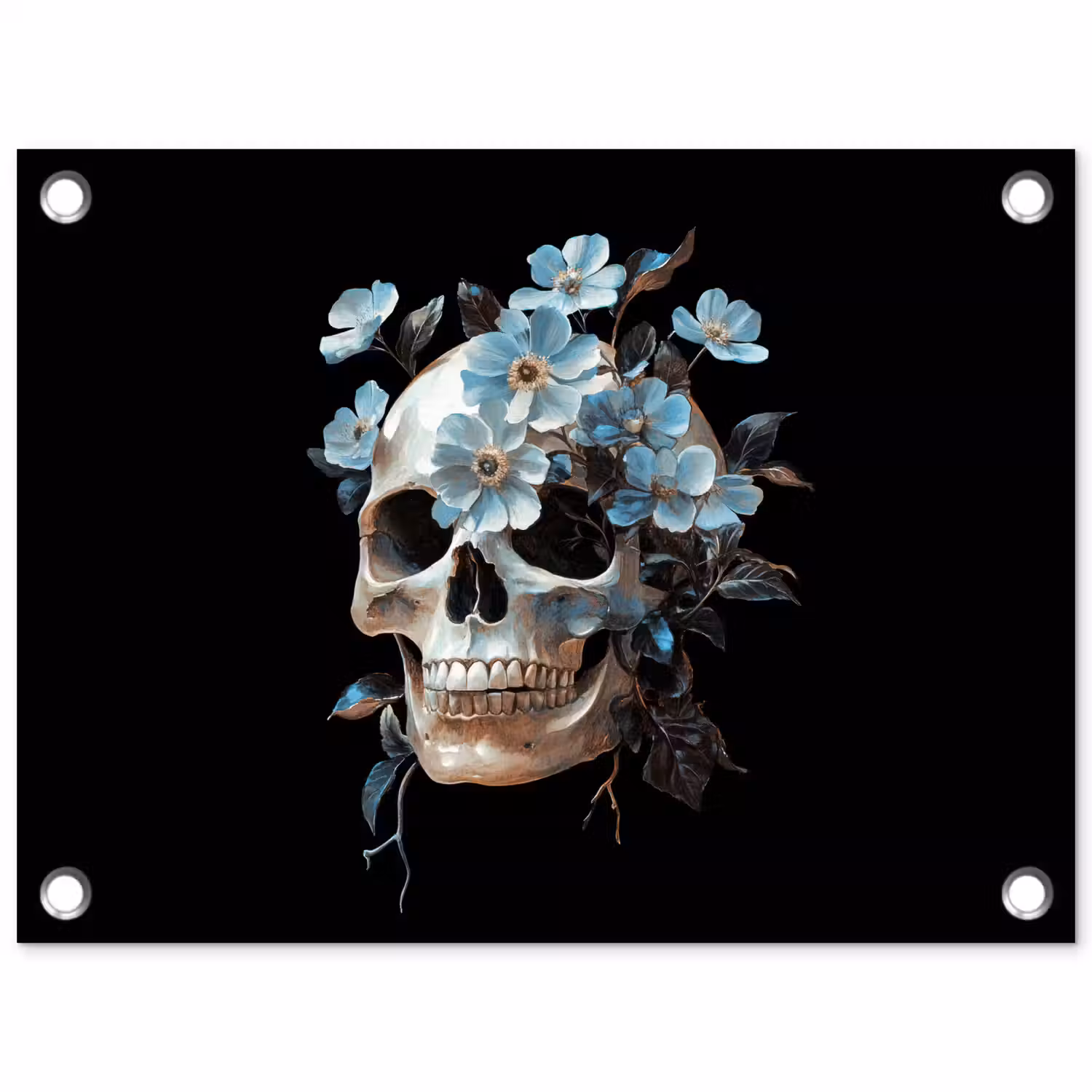 Schedel - Blauw - Bloemen - Bladeren tuinposter los doek klein -3d