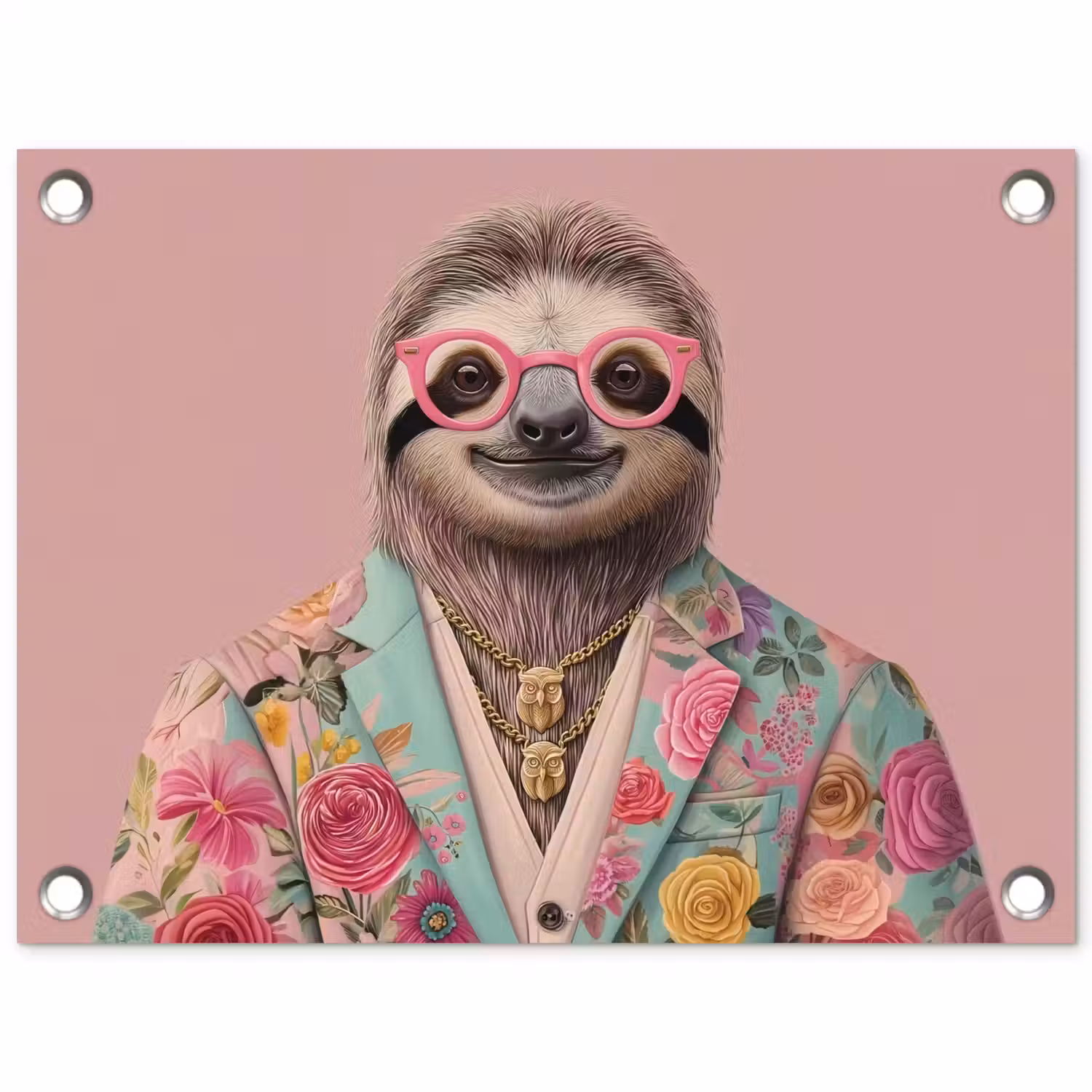 Luiaard - Bloemenprint - Bril - Roze tuinposter los doek klein -3d