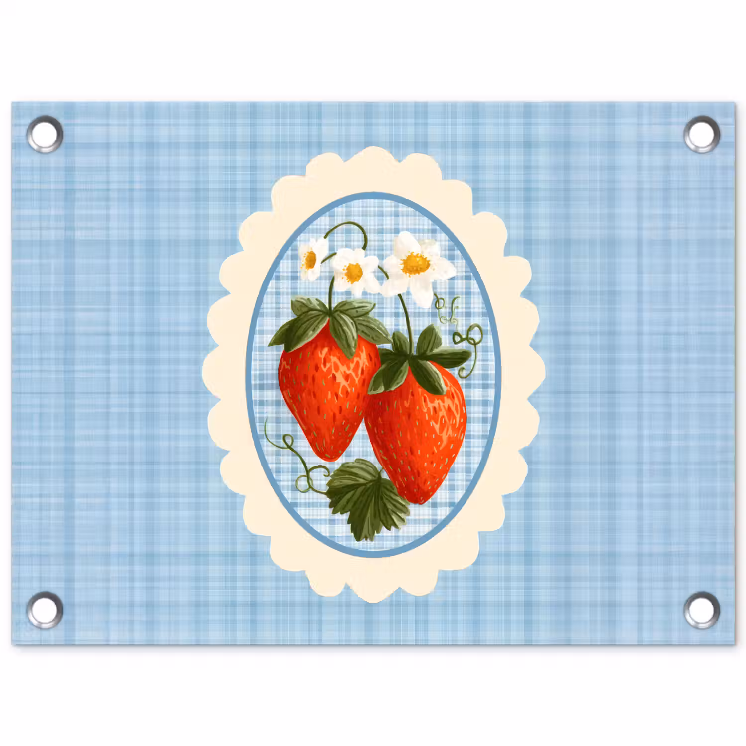 Aardbeien - Lijst - Rood - Geruit tuinposter los doek klein -3d