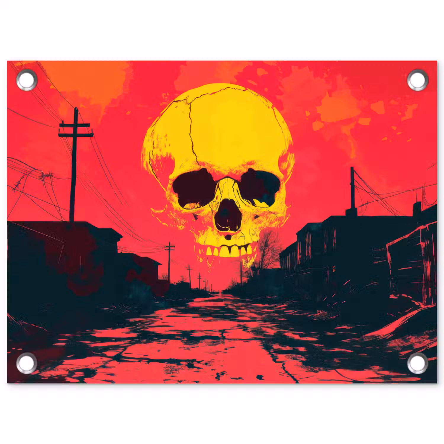 Straat - Verlaten - Schedel - Geel tuinposter los doek klein -3d