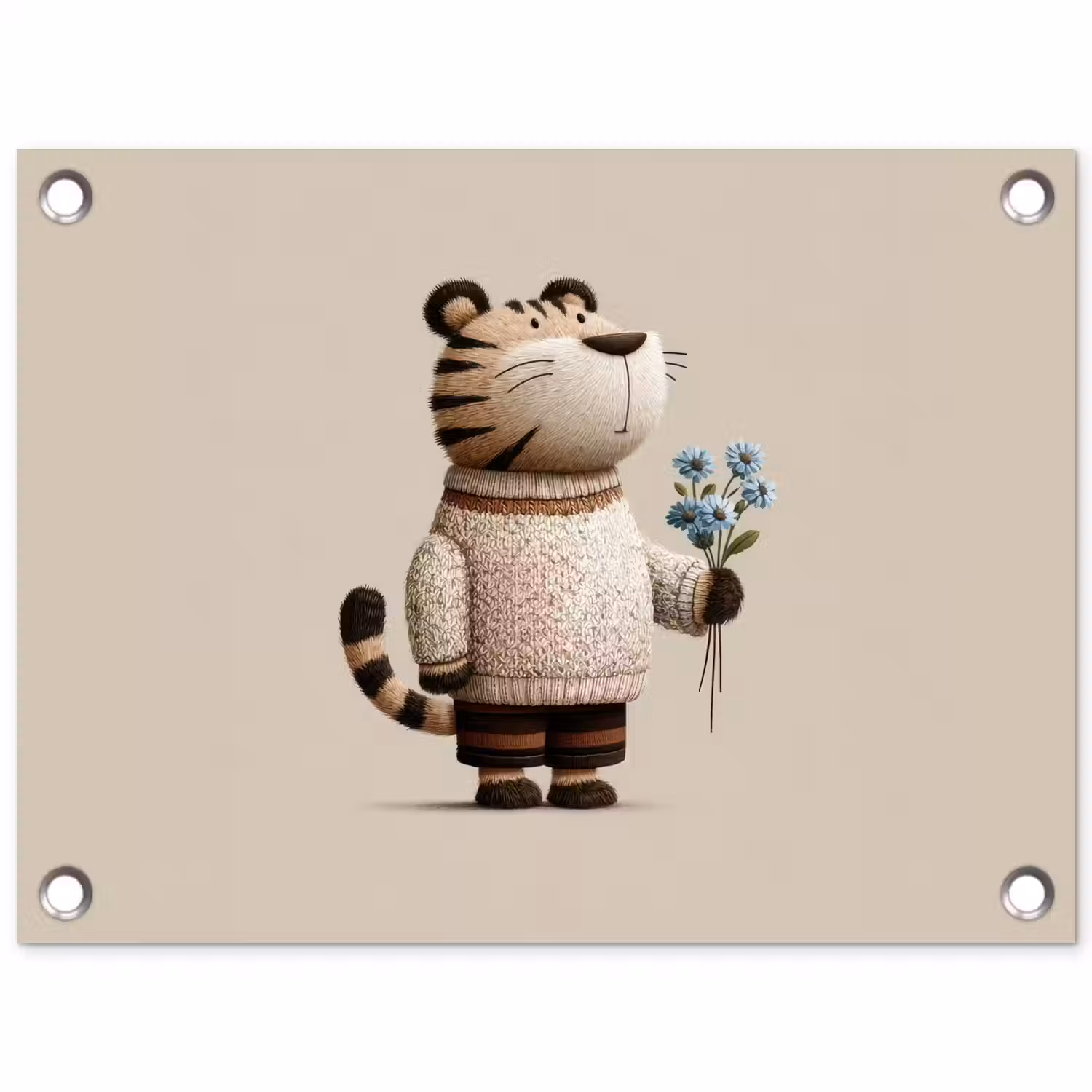 Tijger - Blauwe bloemen - Rustig tuinposter los doek klein -3d