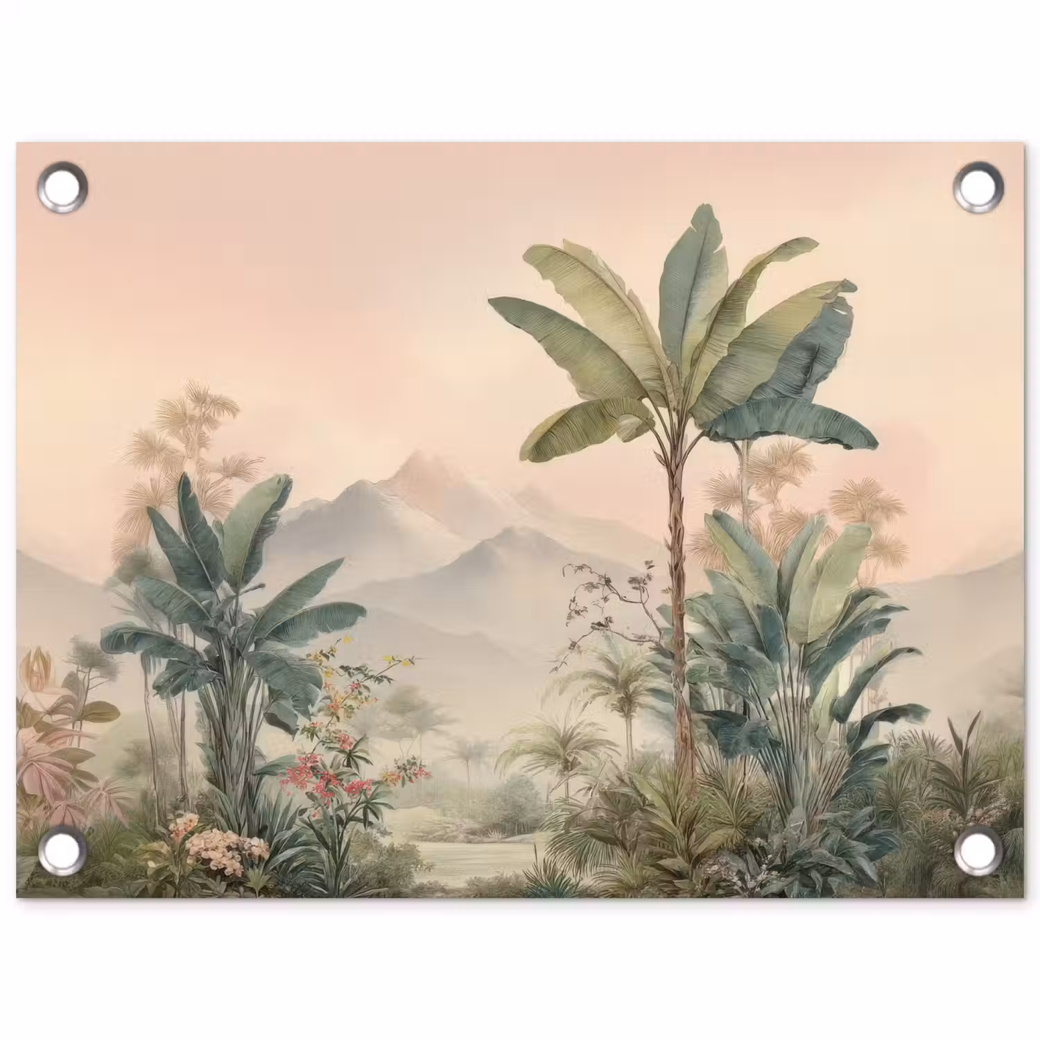 Tropisch landschap - palmbomen - Bloemen - Roze lucht tuinposter los doek klein -3d