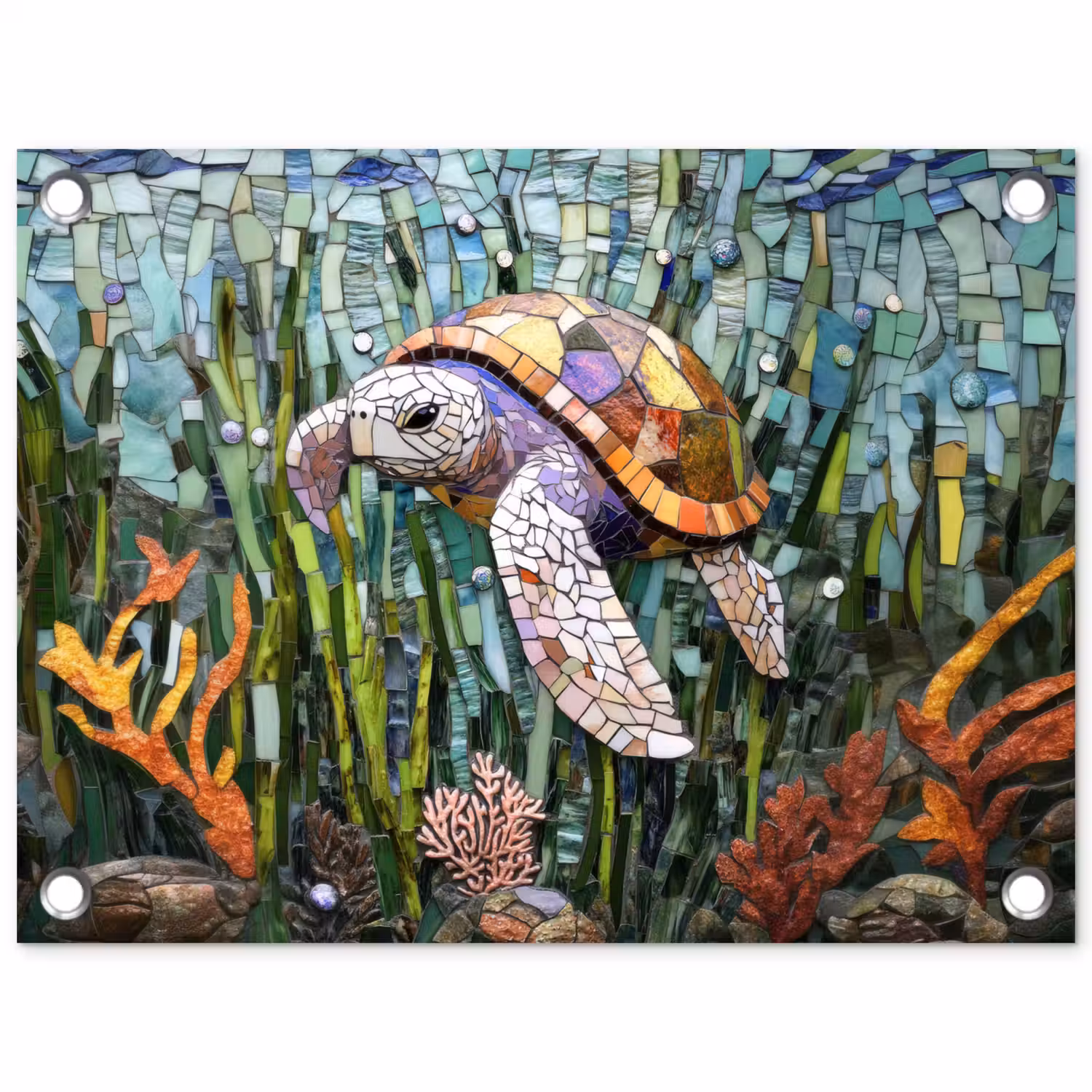 Schildpad - Zeewier - Mozaïek tuinposter los doek klein -3d