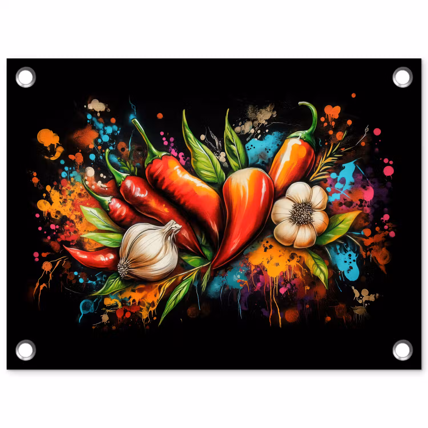 Groente - Peper - Knoflook - Graffiti - Verf - Kleurrijk tuinposter los doek klein -3d