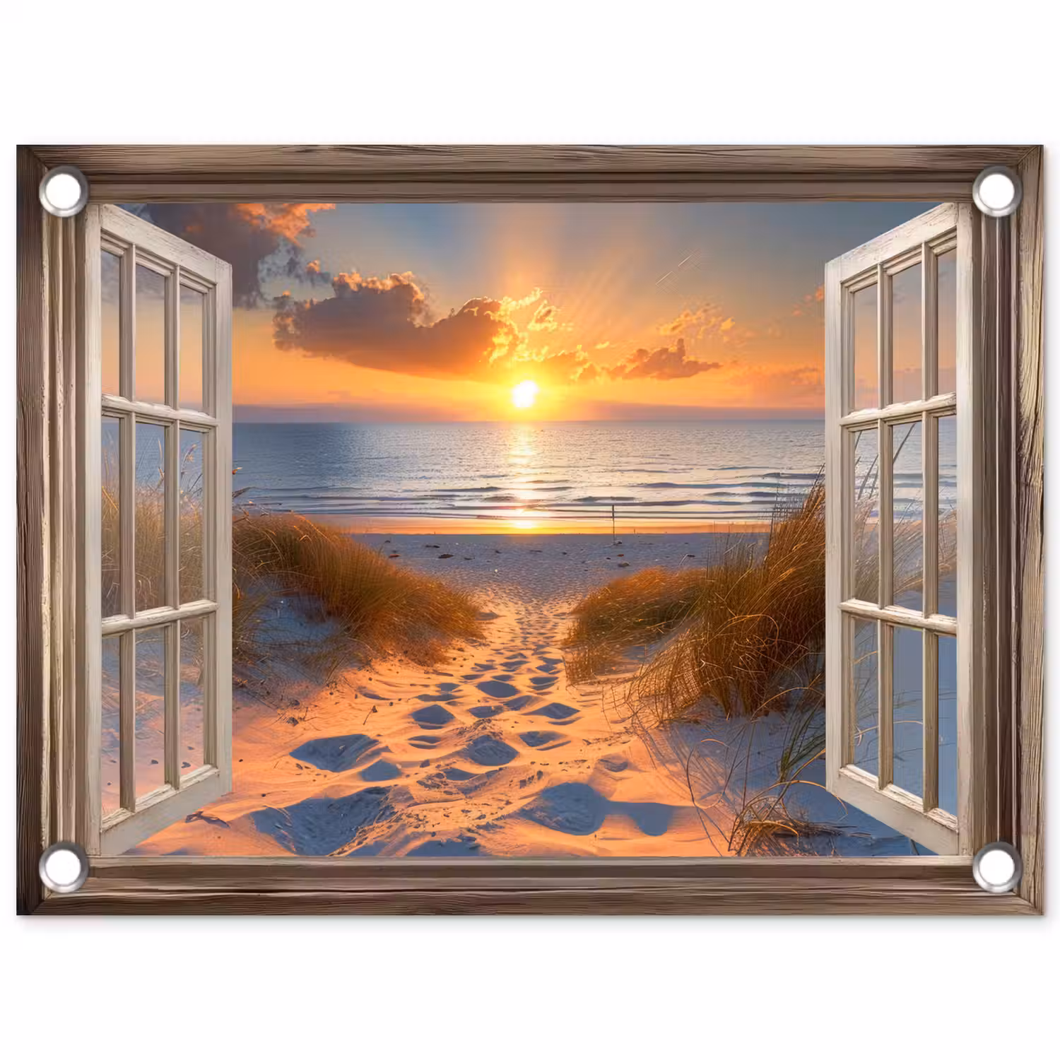 Doorkijk - Strand - Duinen - Zonsondergang tuinposter los doek klein -3d