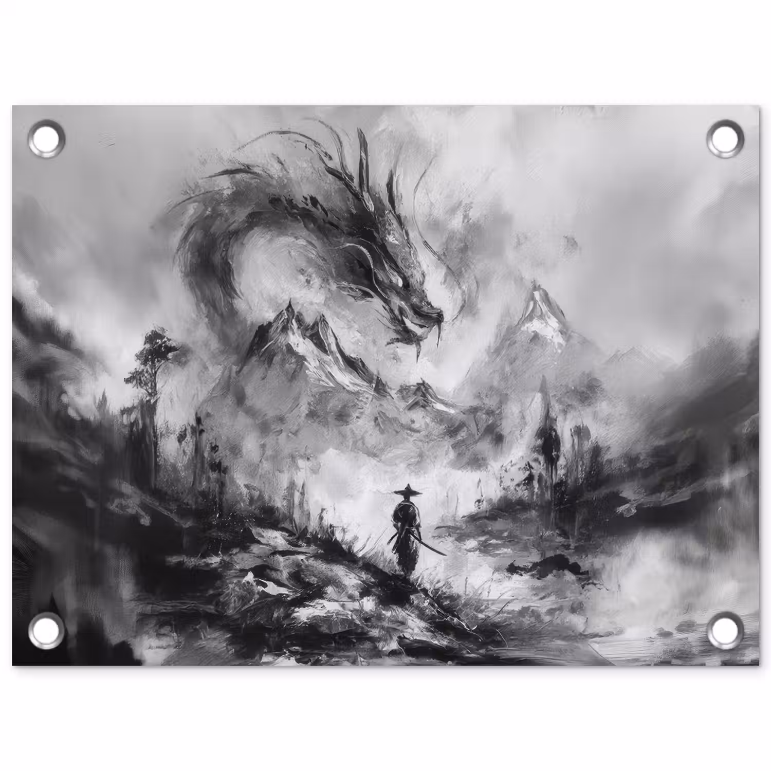 Krijger - Draak - Grijs tuinposter los doek klein -3d