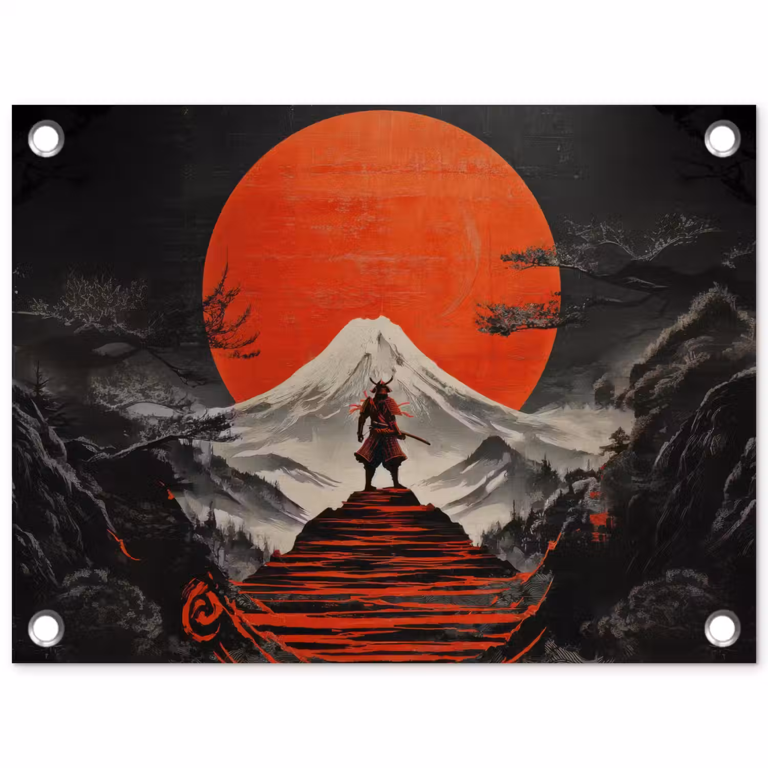 Krijger - Rode trappen - Zon - Berg tuinposter los doek klein -3d