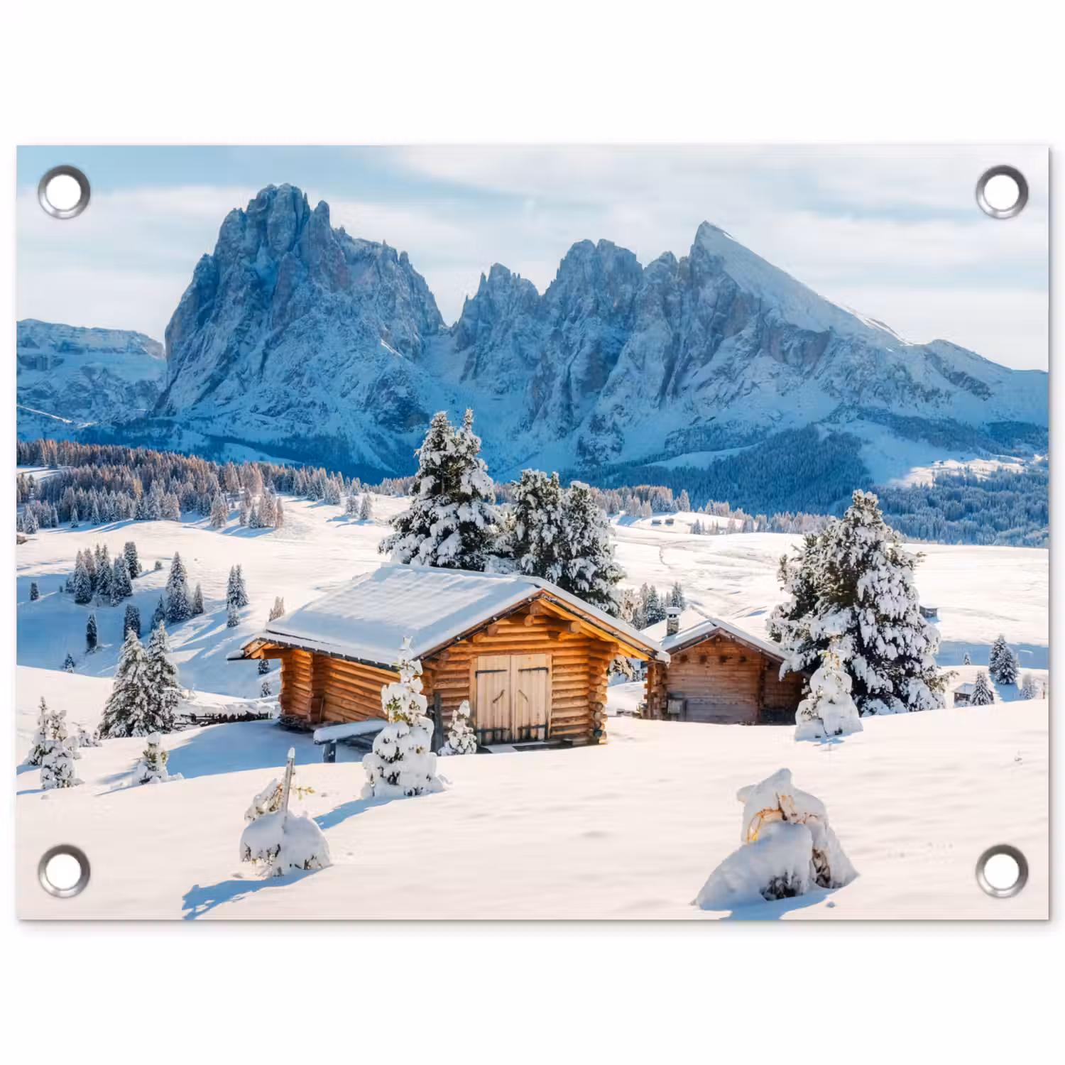 Winter - Huisje - Bergen - Uitzicht - Sneeuw tuinposter los doek klein -3d