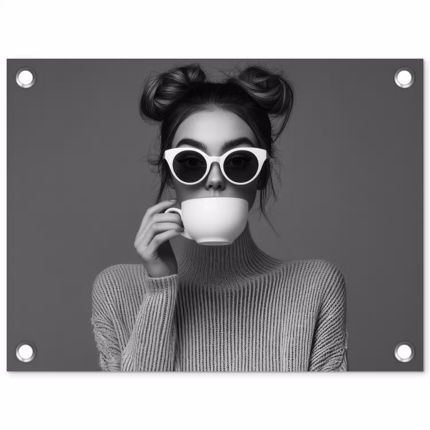 Vrouw - Koffie - Zwart - Wit tuinposter los doek klein -3d