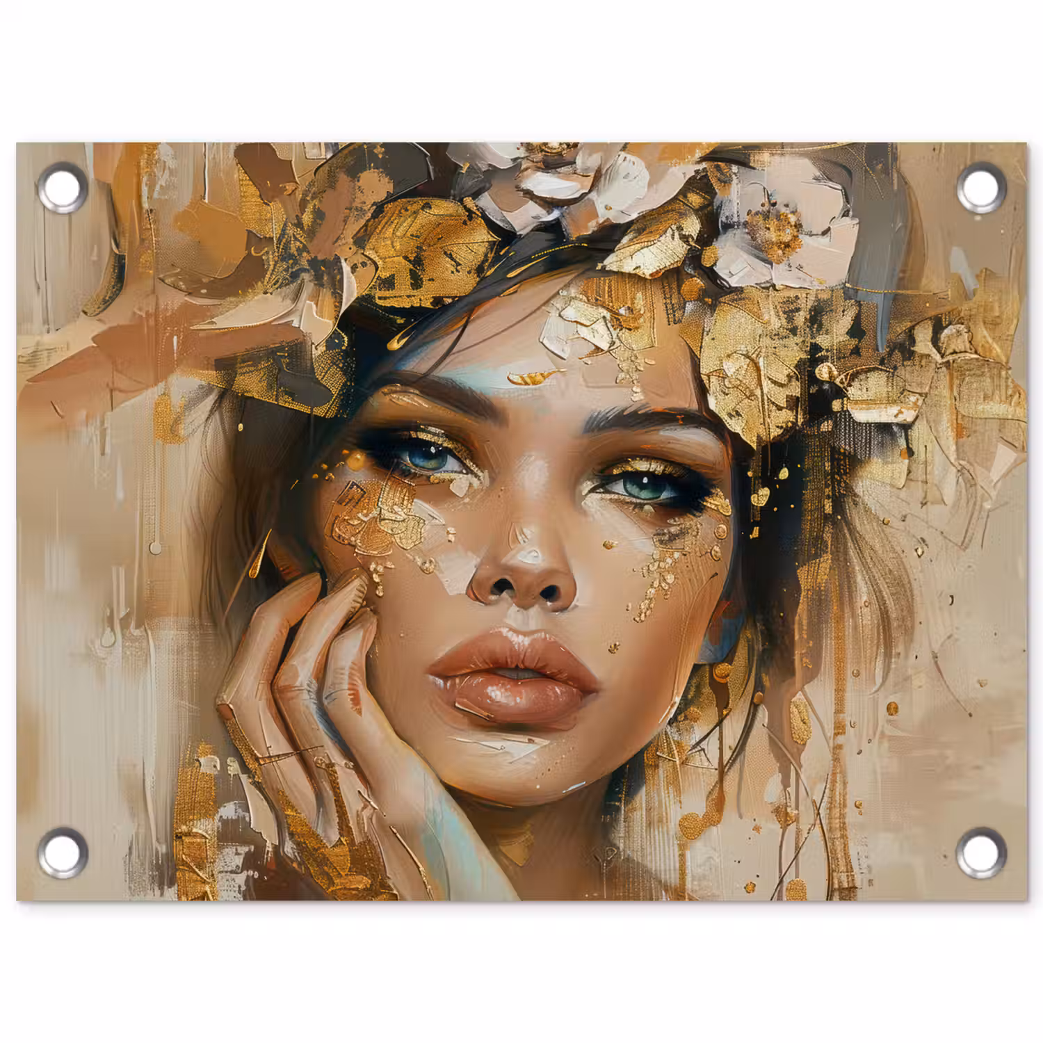 Vrouw - Bloemen - Goud - Portret tuinposter los doek klein -3d