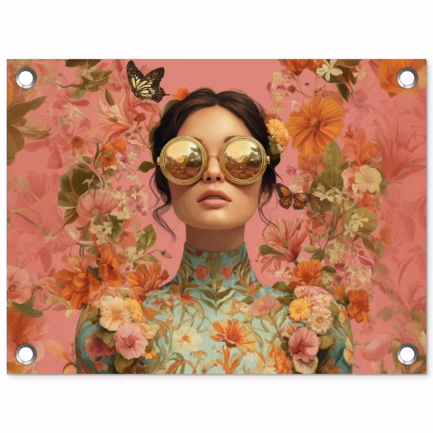 Vrouw - Bril - Roze - Bloemen tuinposter los doek klein -3d
