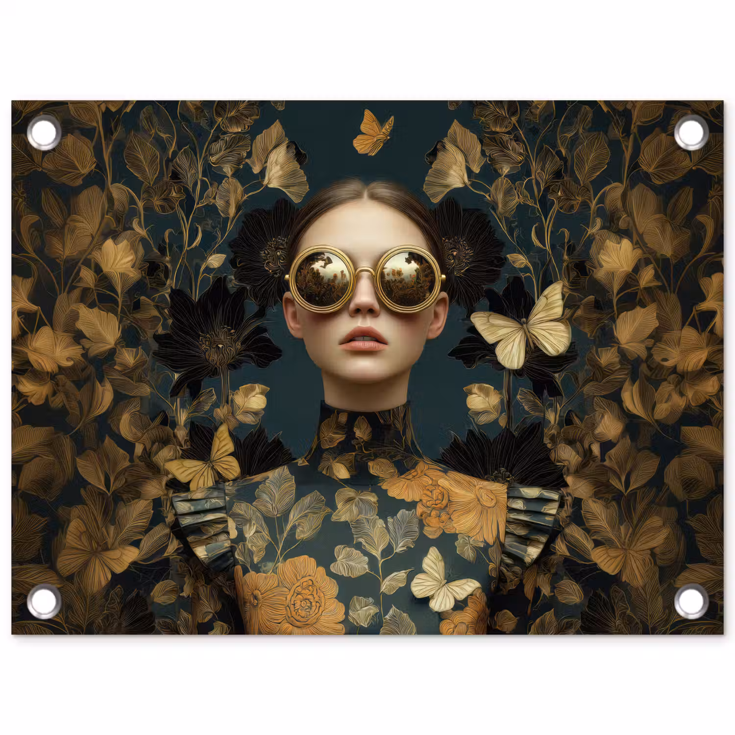 Vrouw - Bladeren - Goud - Vlinders tuinposter los doek klein -3d