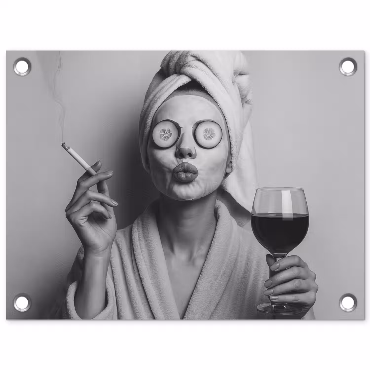 Vrouw - Masker - Wijn - Sigaret tuinposter los doek klein -3d