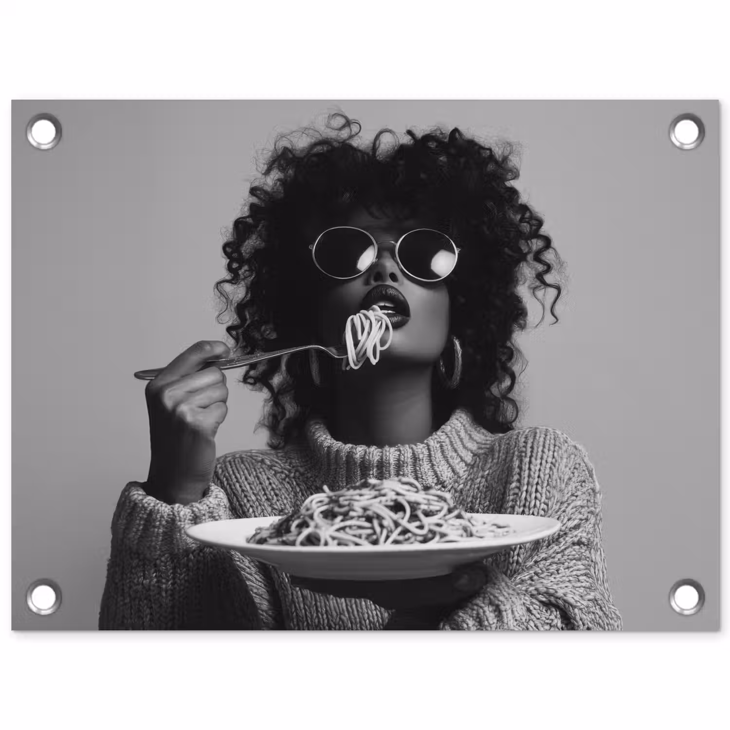 Vrouw - Pasta - Zwart - Wit tuinposter los doek klein -3d