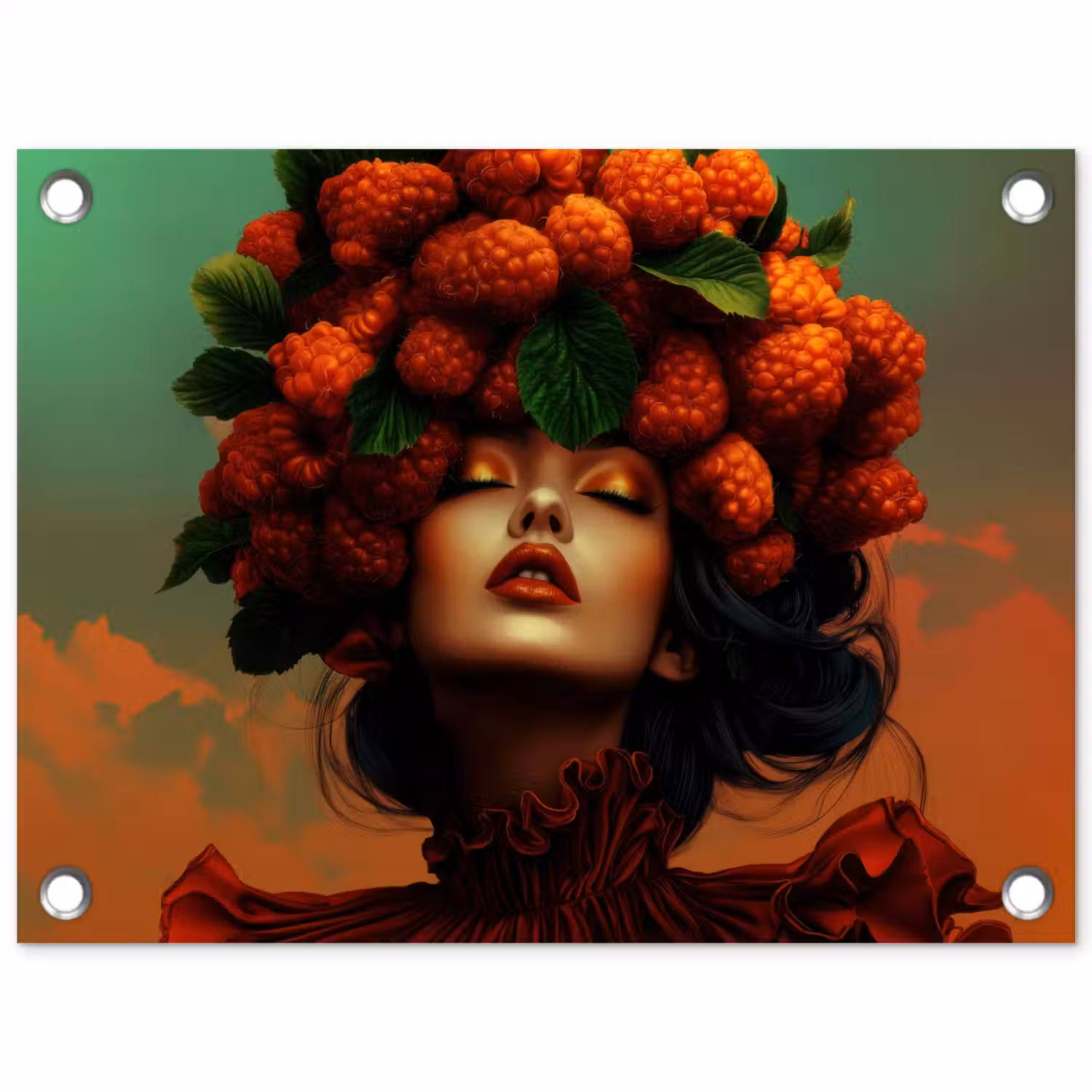 Vrouw - Frambozen - Bladeren tuinposter los doek klein -3d