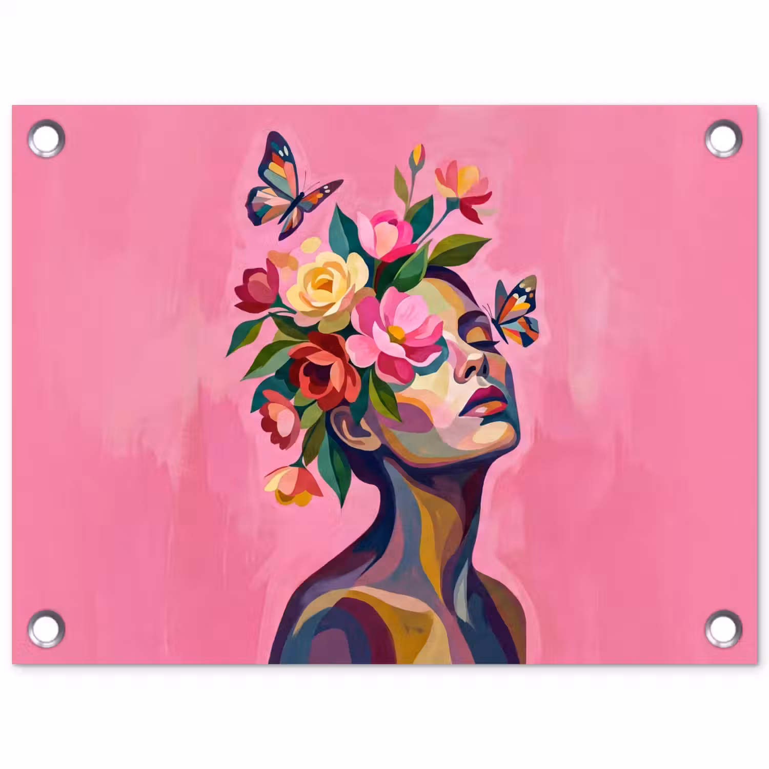 Vrouwengezicht - Vlinders - Kleurrijk tuinposter los doek klein -3d