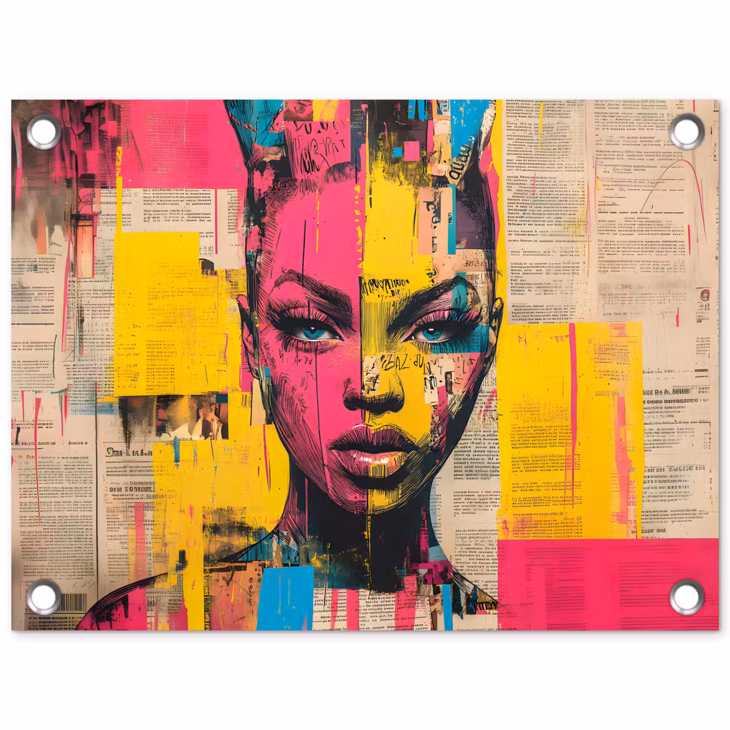 Vrouwengezicht - Krantenpapier - Abstract - Roze tuinposter los doek klein -3d