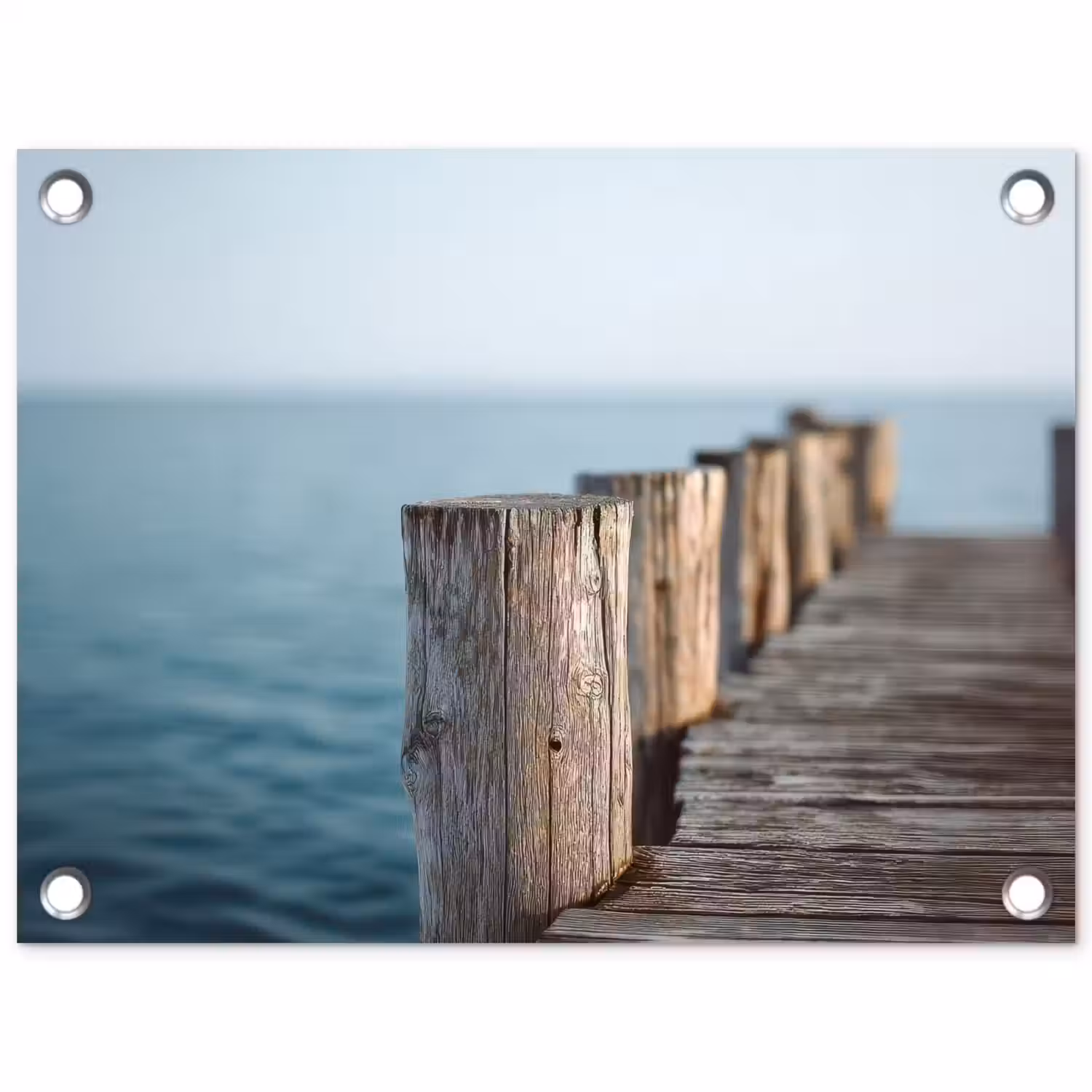 Houten steiger - Helderblauwe lucht tuinposter los doek klein -3d
