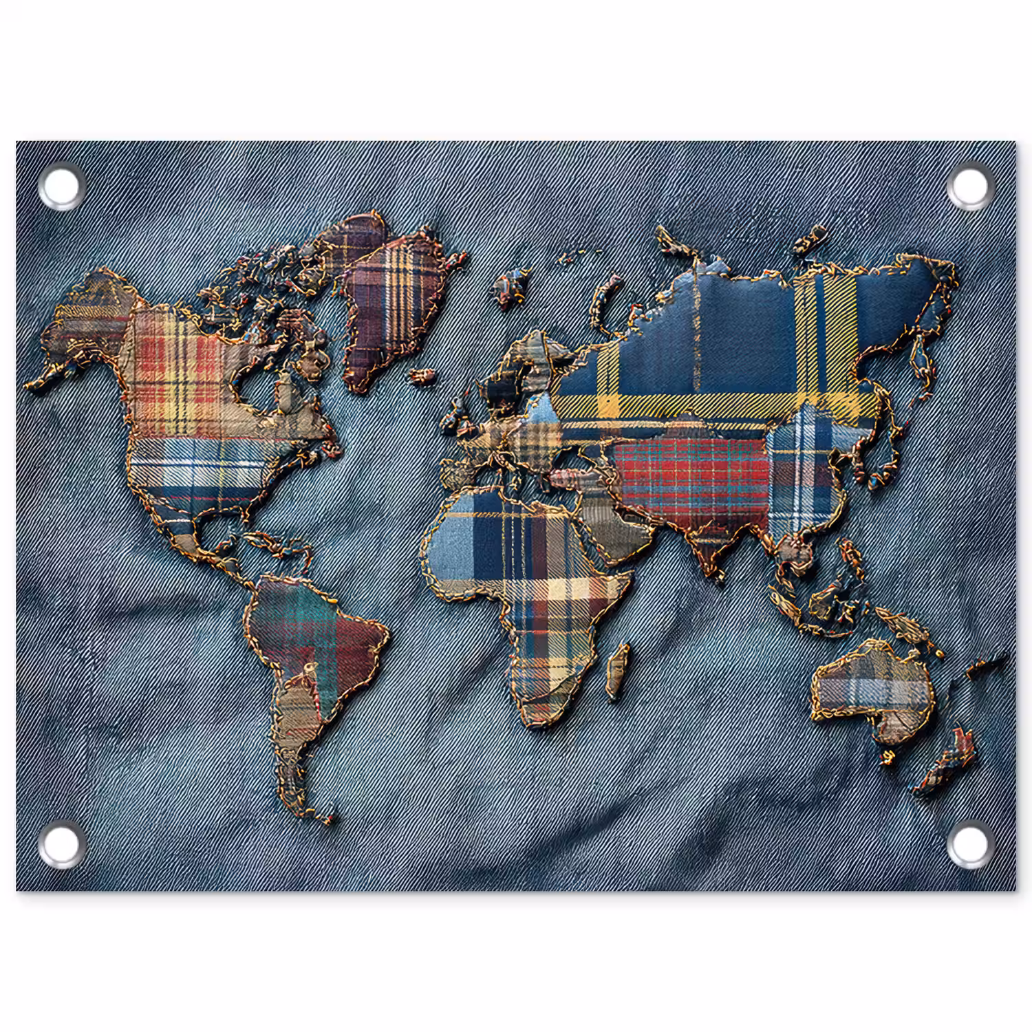 Wereldkaart - Denim - Textiel tuinposter los doek klein -3d