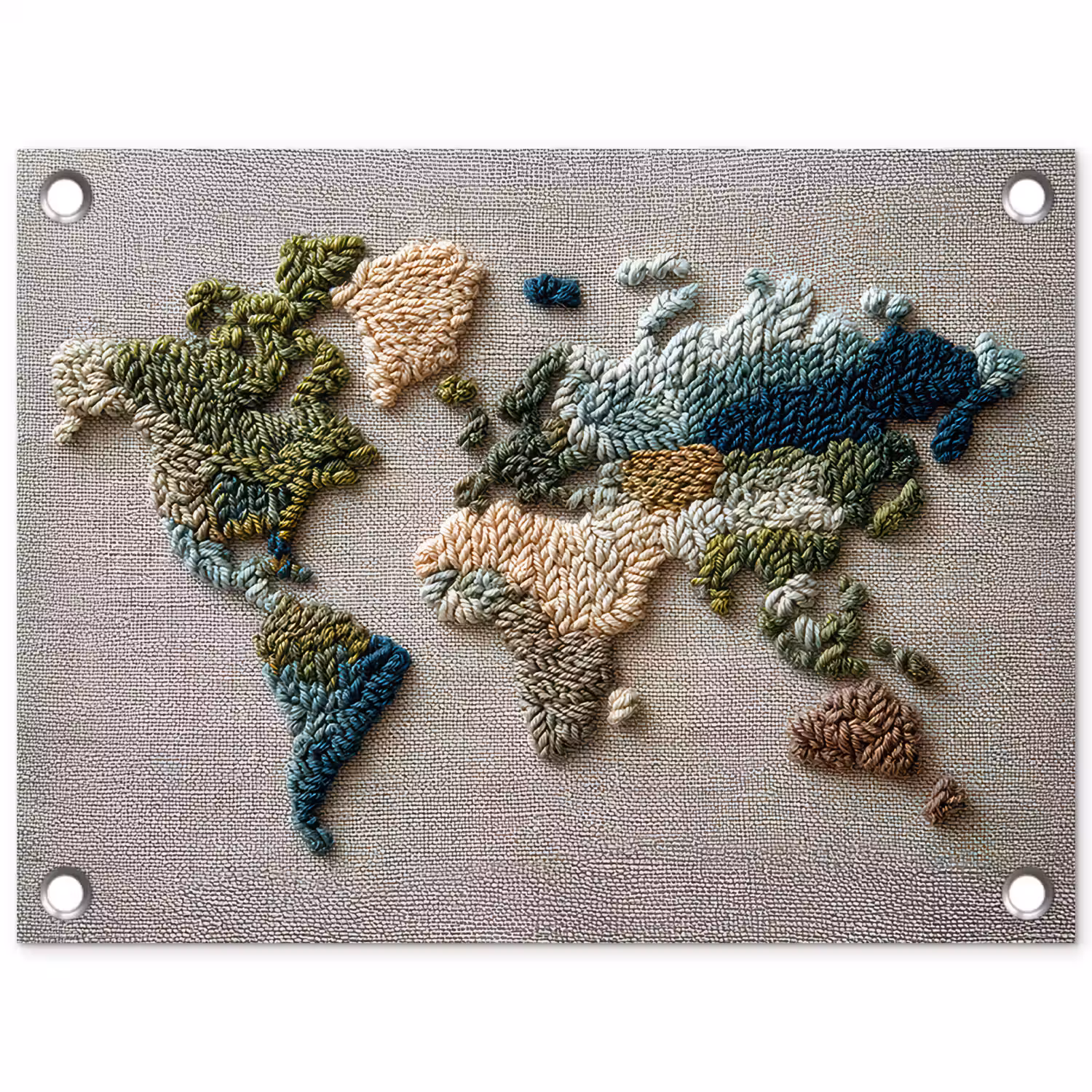 Wereldkaart - Geborduurd - Aardetinten tuinposter los doek klein -3d