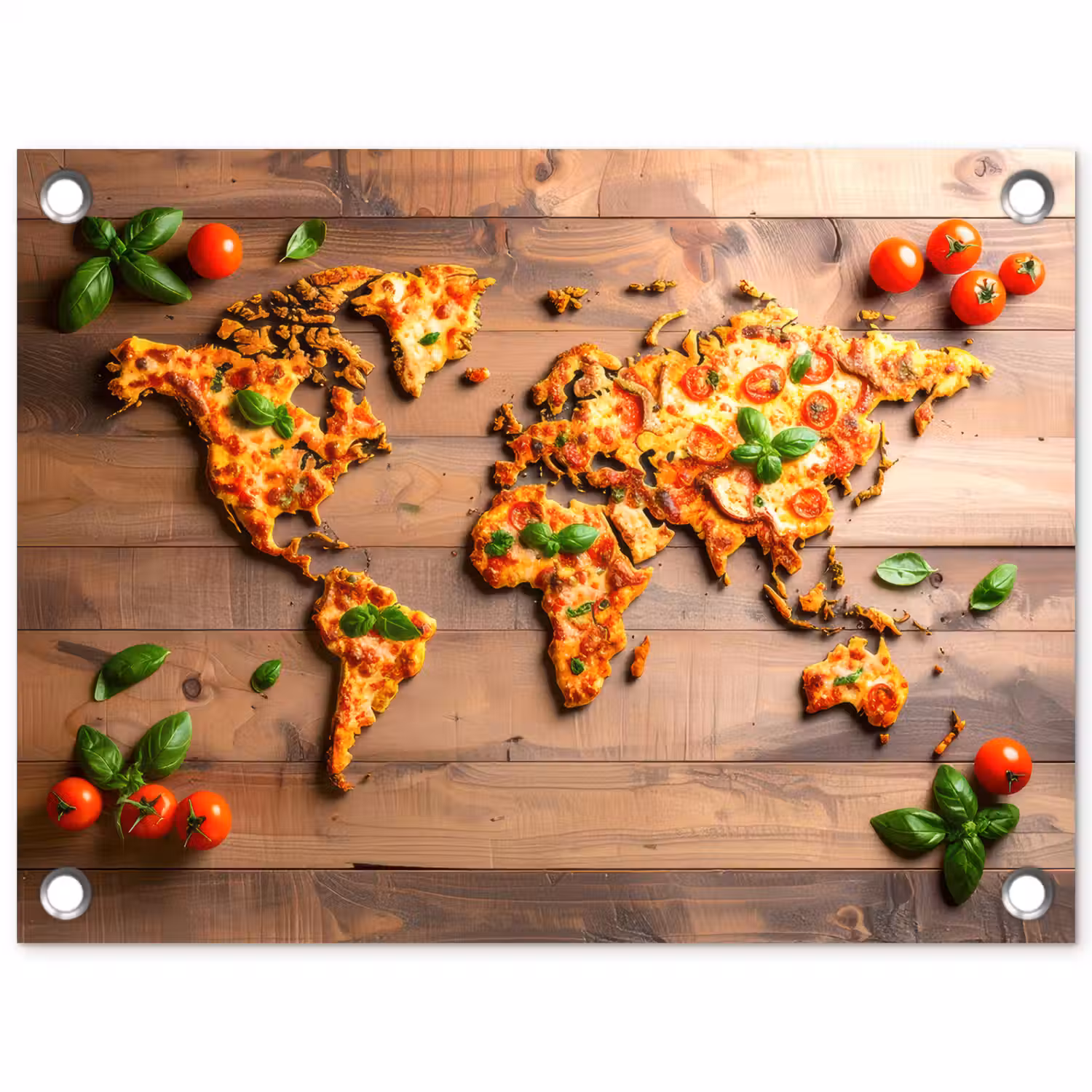Wereldkaart - Pizza - Houten ondergrond tuinposter los doek klein -3d