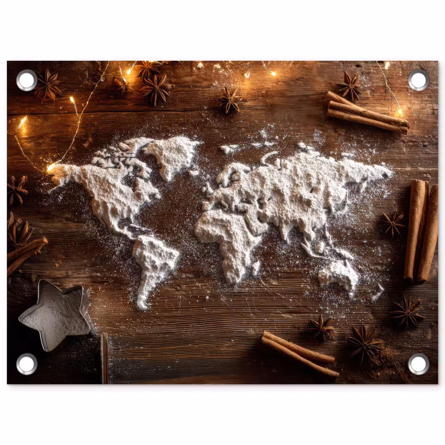 Wereldkaart - Poedersuiker - Hout tuinposter los doek klein -3d