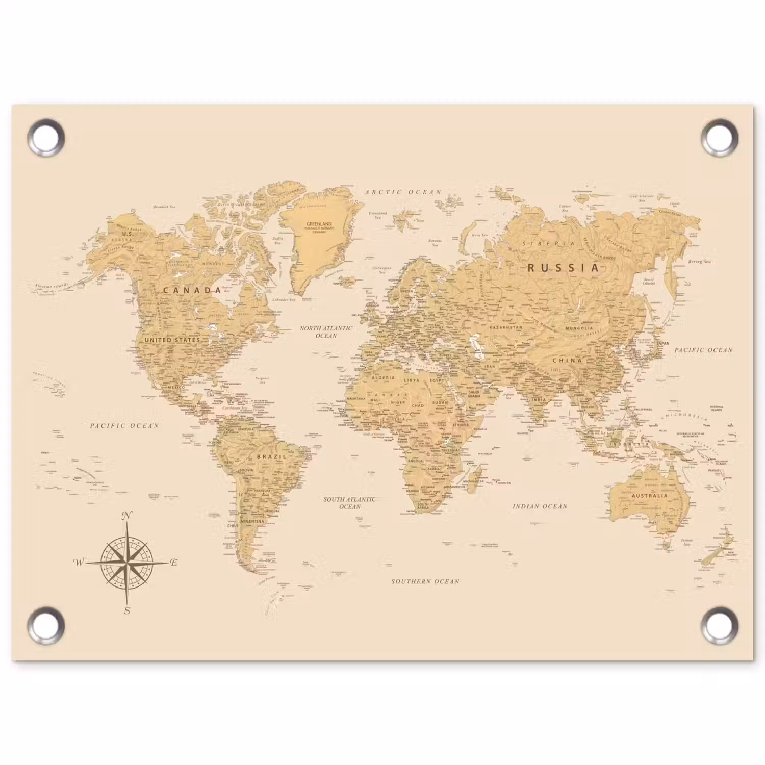 Wereldkaart - Realistisch - Beige tuinposter los doek klein -3d