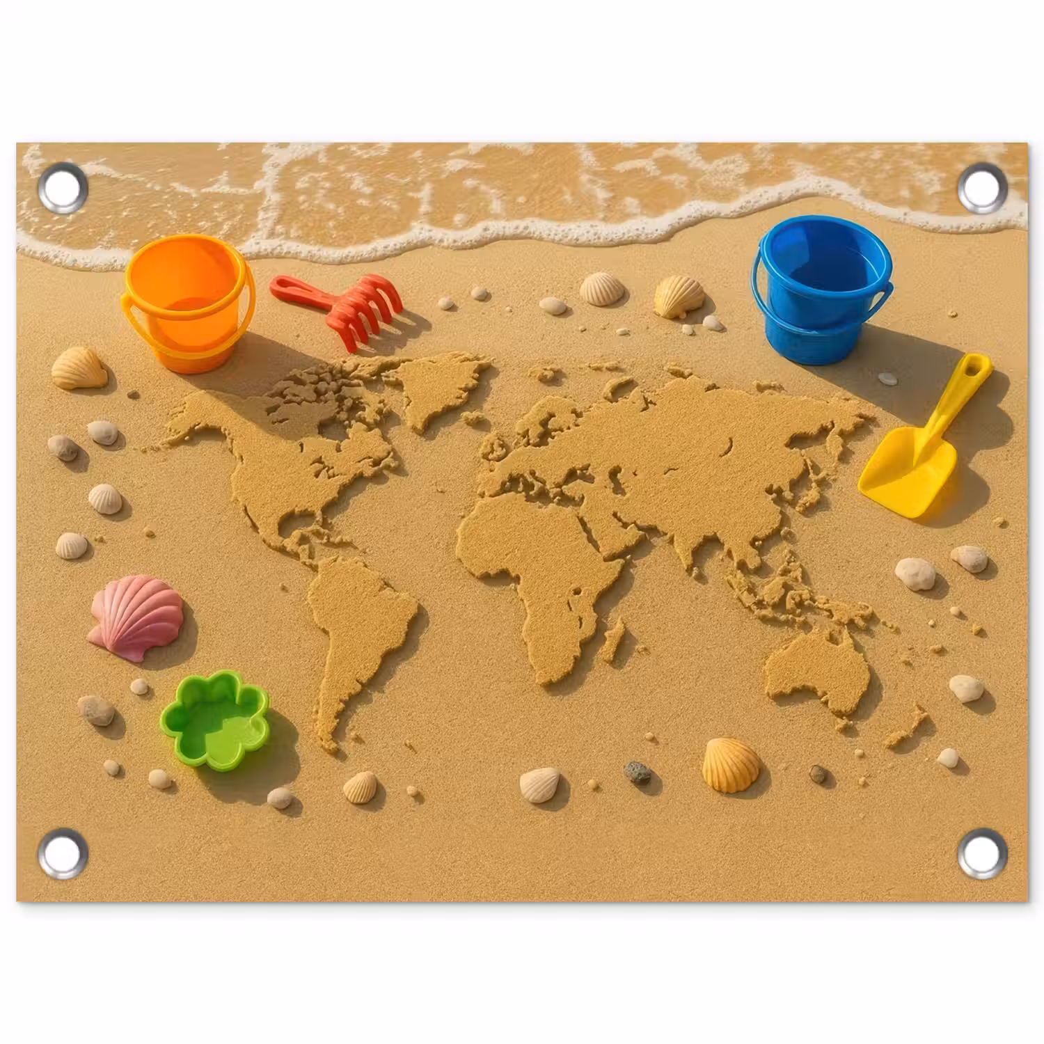 Wereldkaart - Zand - Kleurrijk - Zomer tuinposter los doek klein -3d
