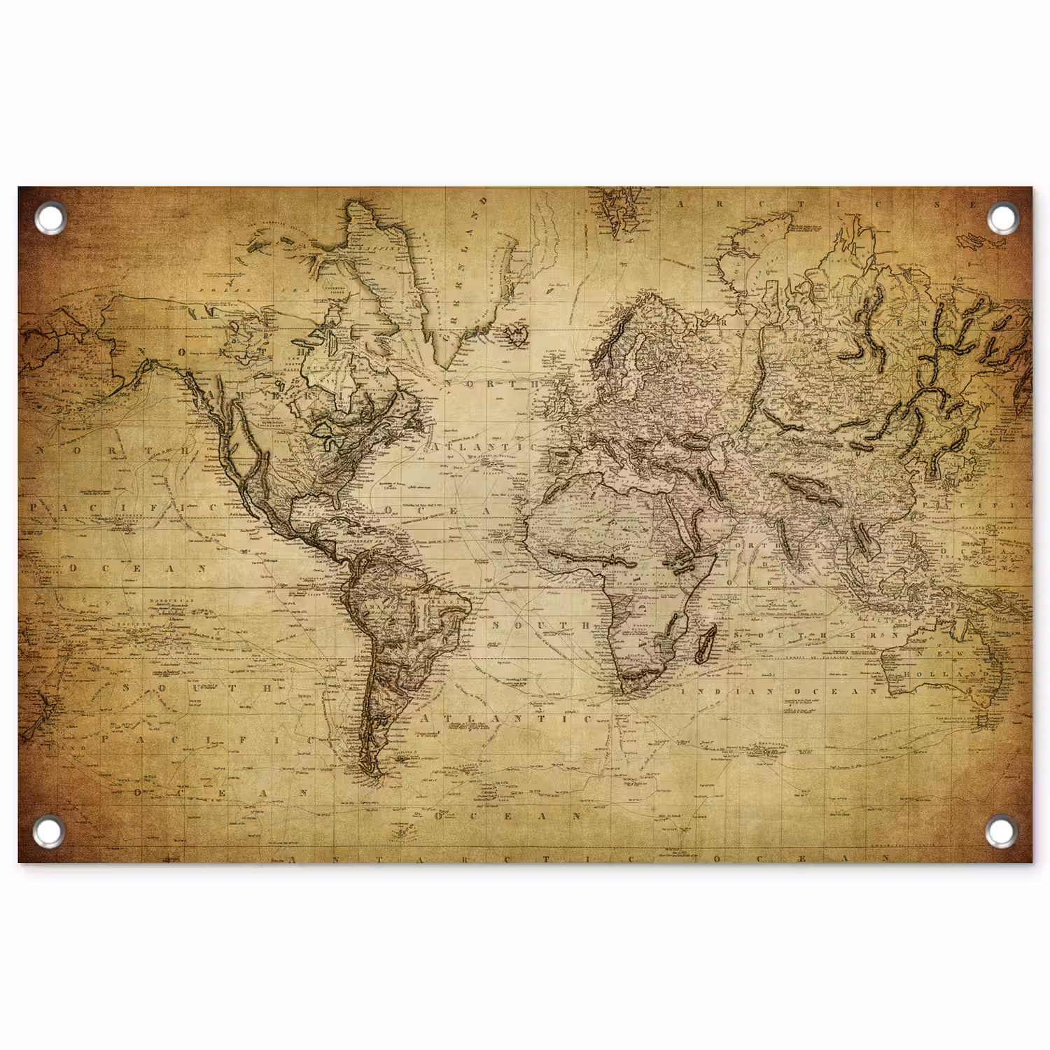 Wereldkaart - Vintage - Antiek - Bruin - Papier tuinposter los doek klein -3d