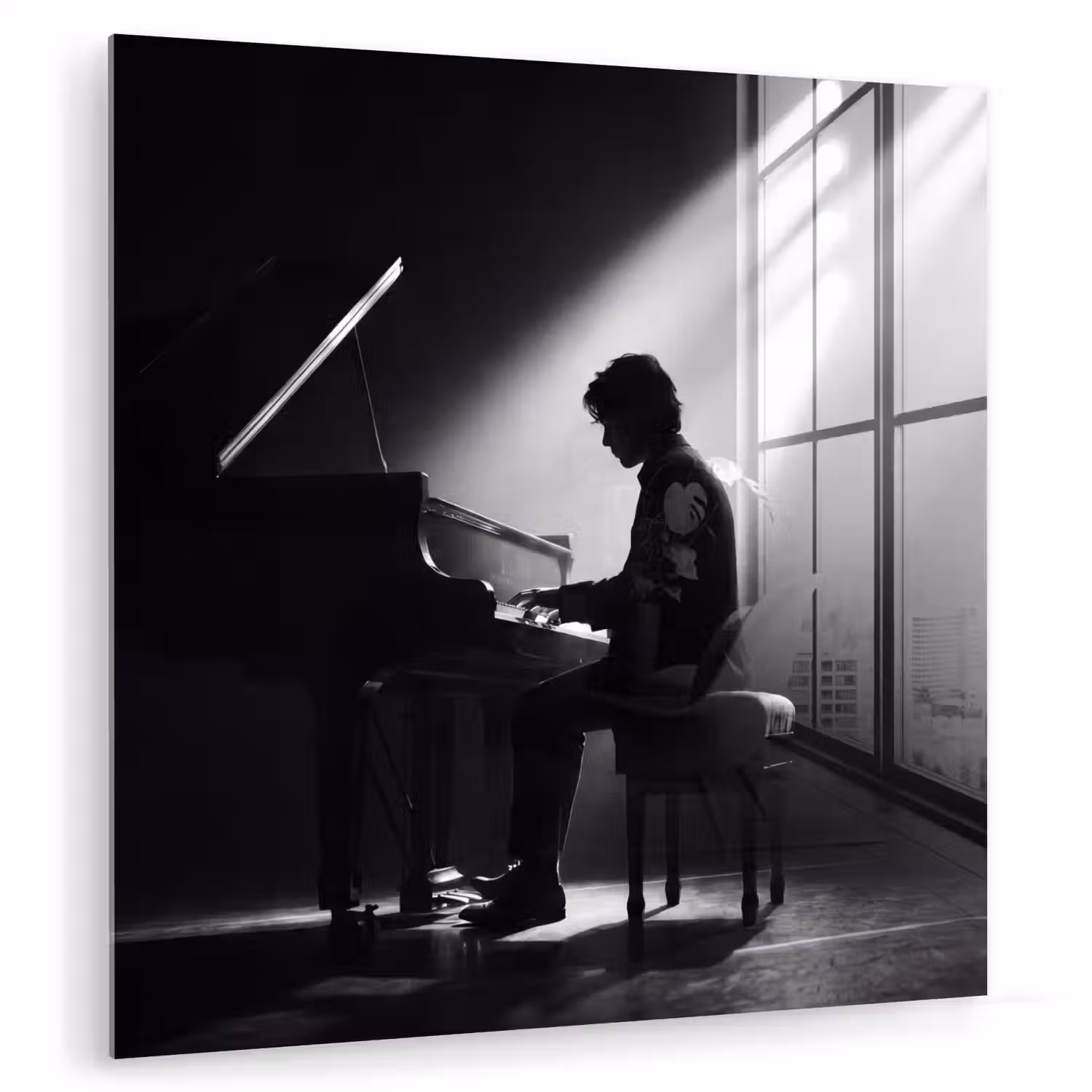 Persoon - Piano - Muziek - Zwart-wit - Podium plexiglas 5mm klein -zzzproduct_nieuw