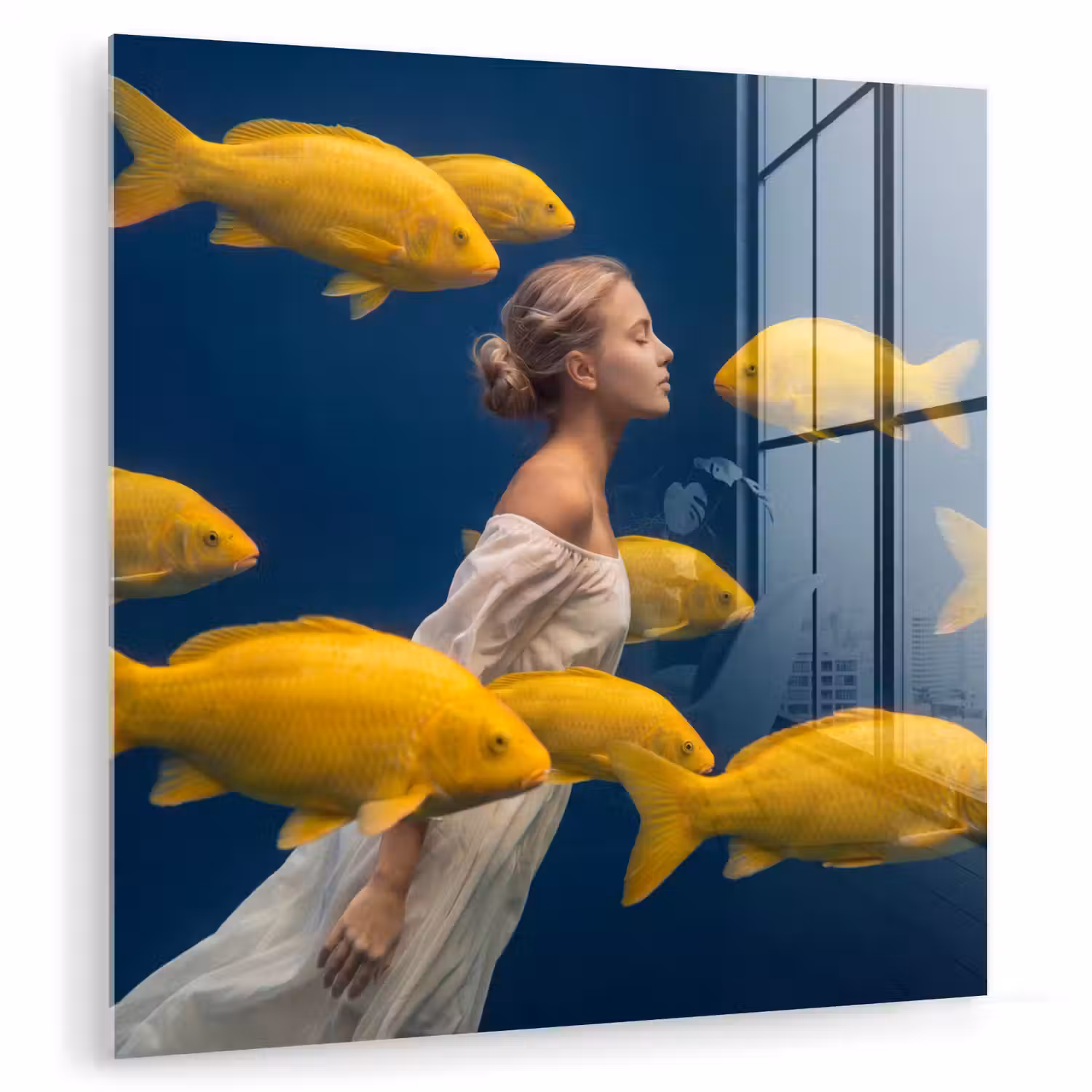 Vrouw - Vis - Water - Natuur - Geel plexiglas 5mm klein -zzzproduct_nieuw