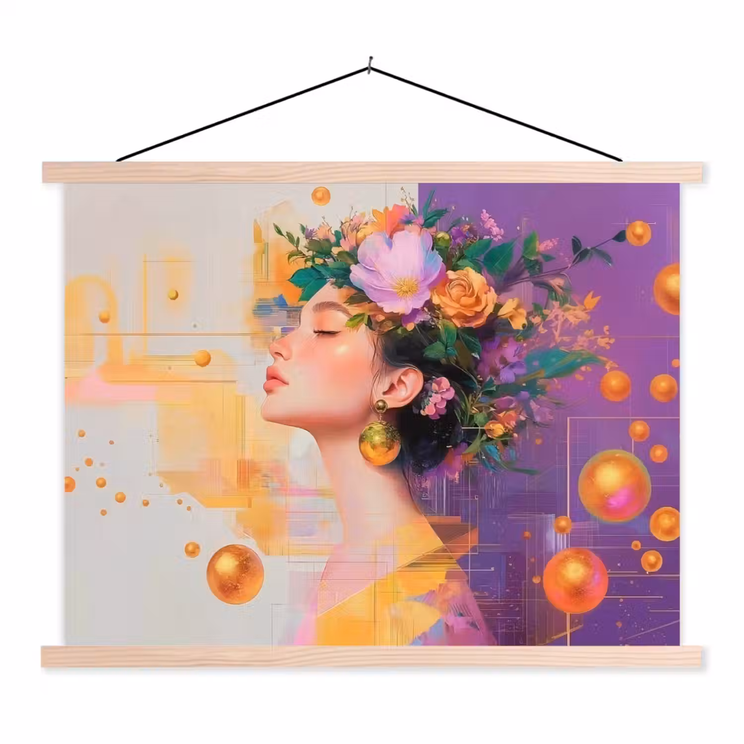 Abstract - Vrouw - Bloemenkroon - Goud textielposter latten blank klein -3d