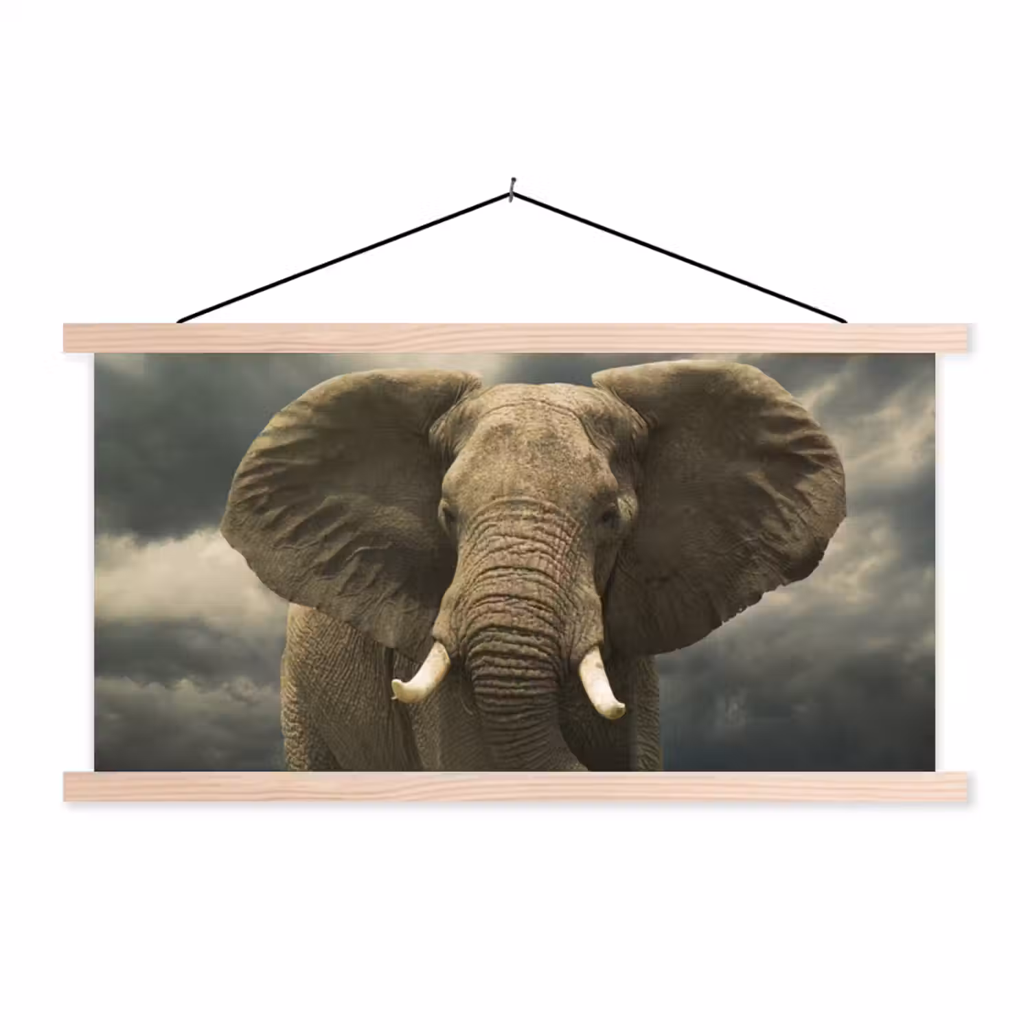Afrikaanse olifant tegen de donkere wolken textielposter latten blank klein -3d