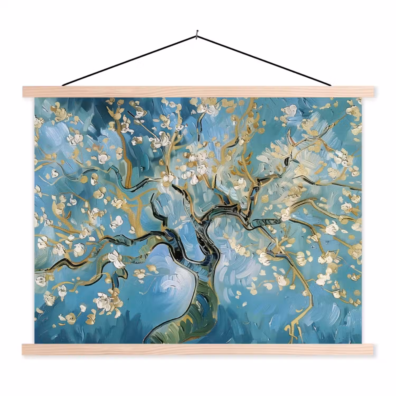 Amandelbloesem boom - Blauw - Abstract textielposter latten blank klein -3d