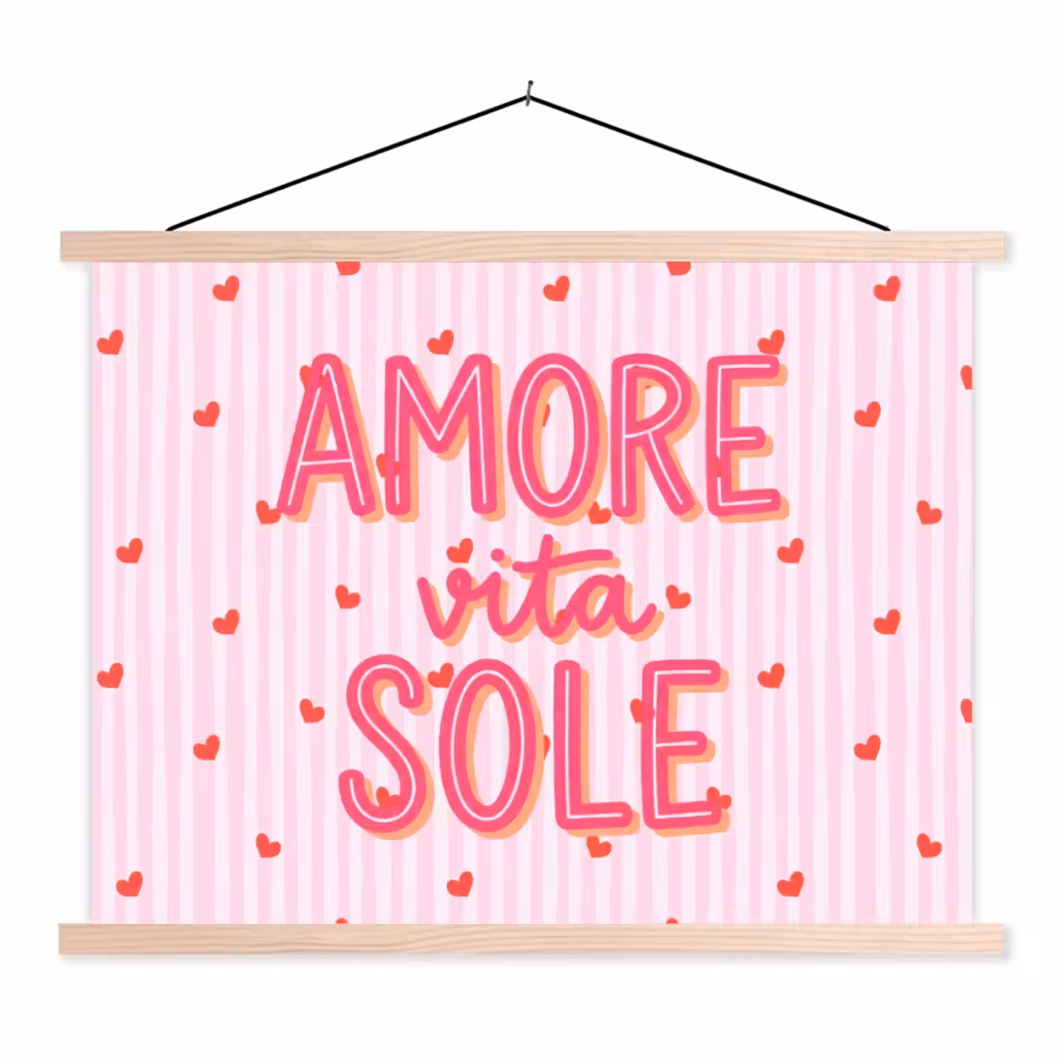 Amore vita sole - Roze - Hartjes textielposter latten blank klein -3d