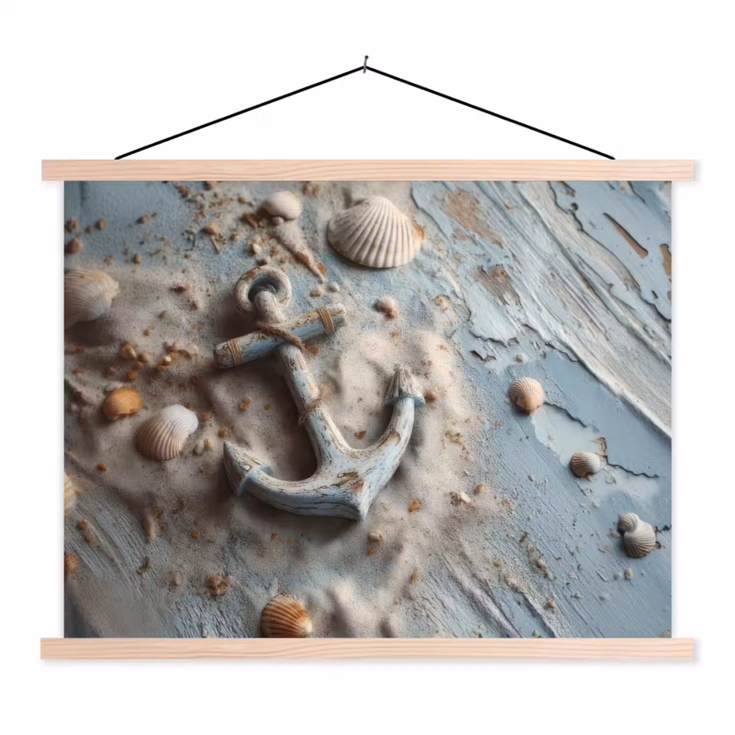 Anker - Hout - Schelpen - Zand textielposter latten blank klein -3d