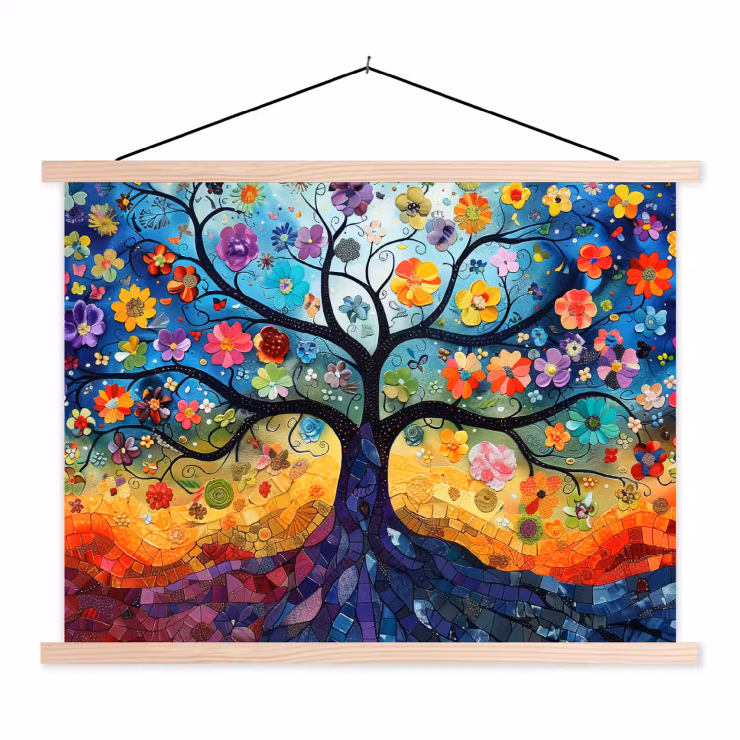 Kunst - Levensboom - Bloemen - Hippie textielposter latten blank klein -3d