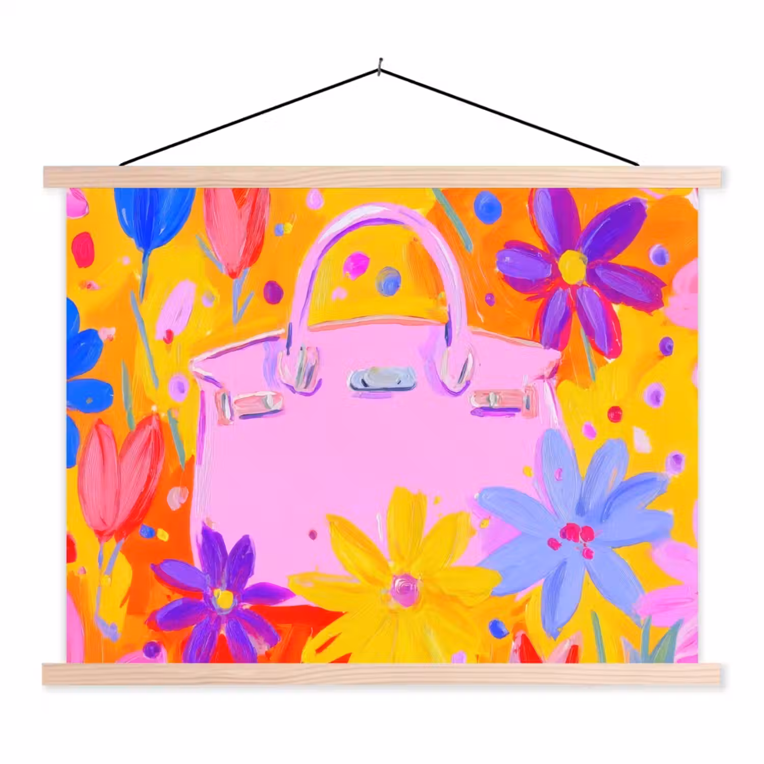Tas - Roze - Bloemen textielposter latten blank klein -3d
