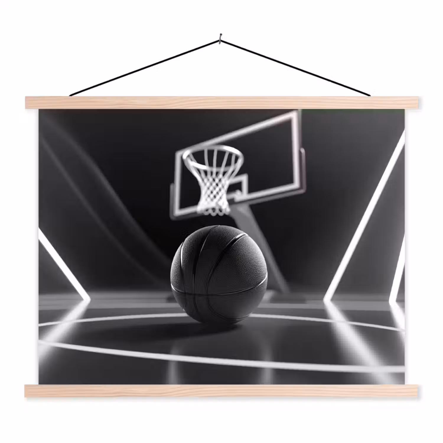 Basketbal - Basketbalveld - Lichtlijnen textielposter latten blank klein -3d