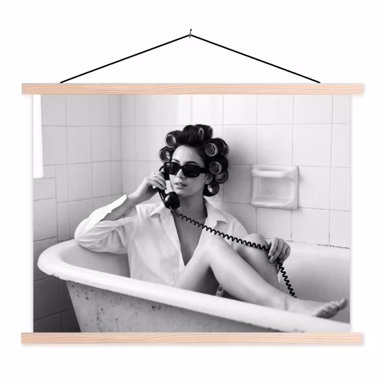 Bad - Vrouw - Zwart - Wit textielposter latten blank klein -3d