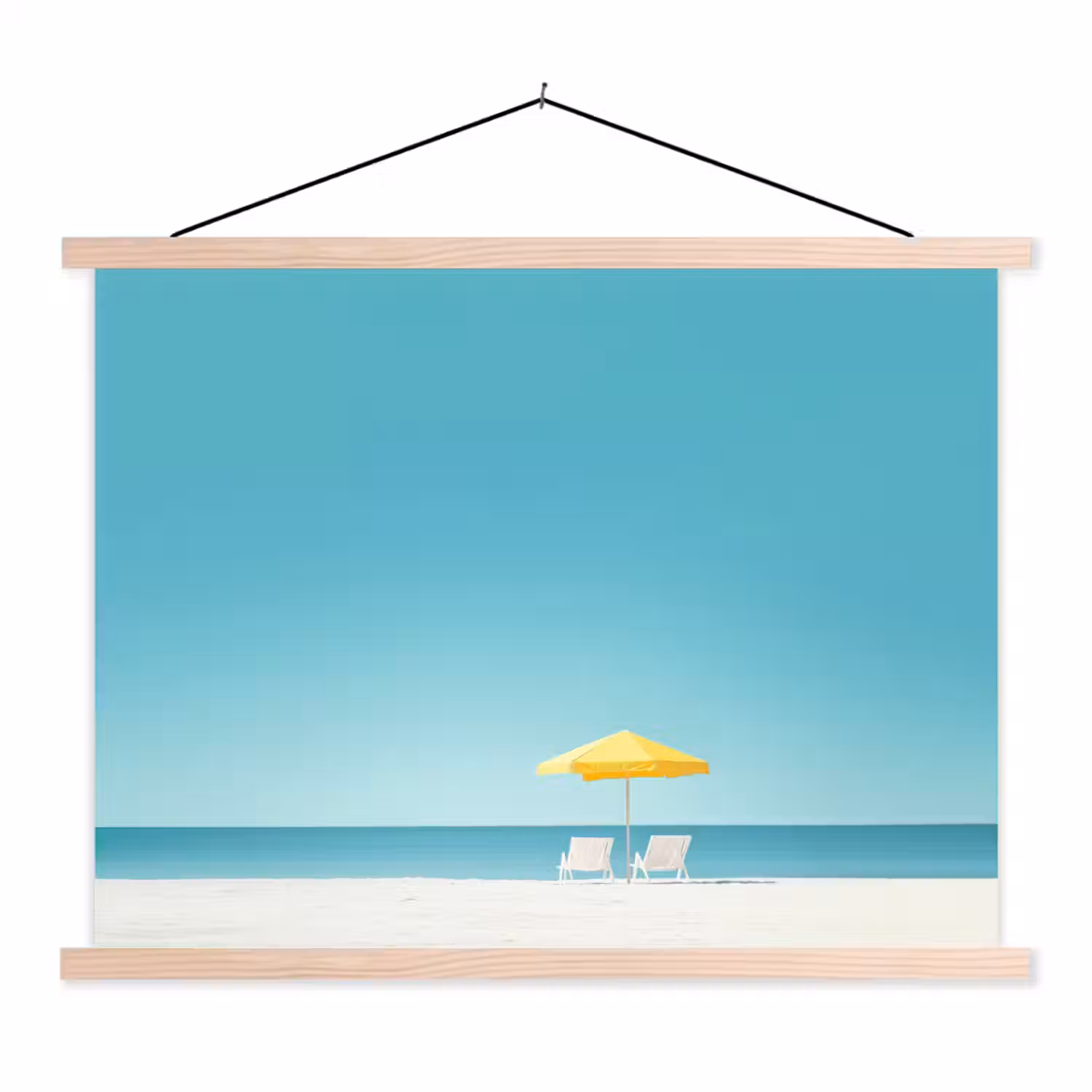 Strand - Blauwe lucht - Geel - Parasol textielposter latten blank klein -3d