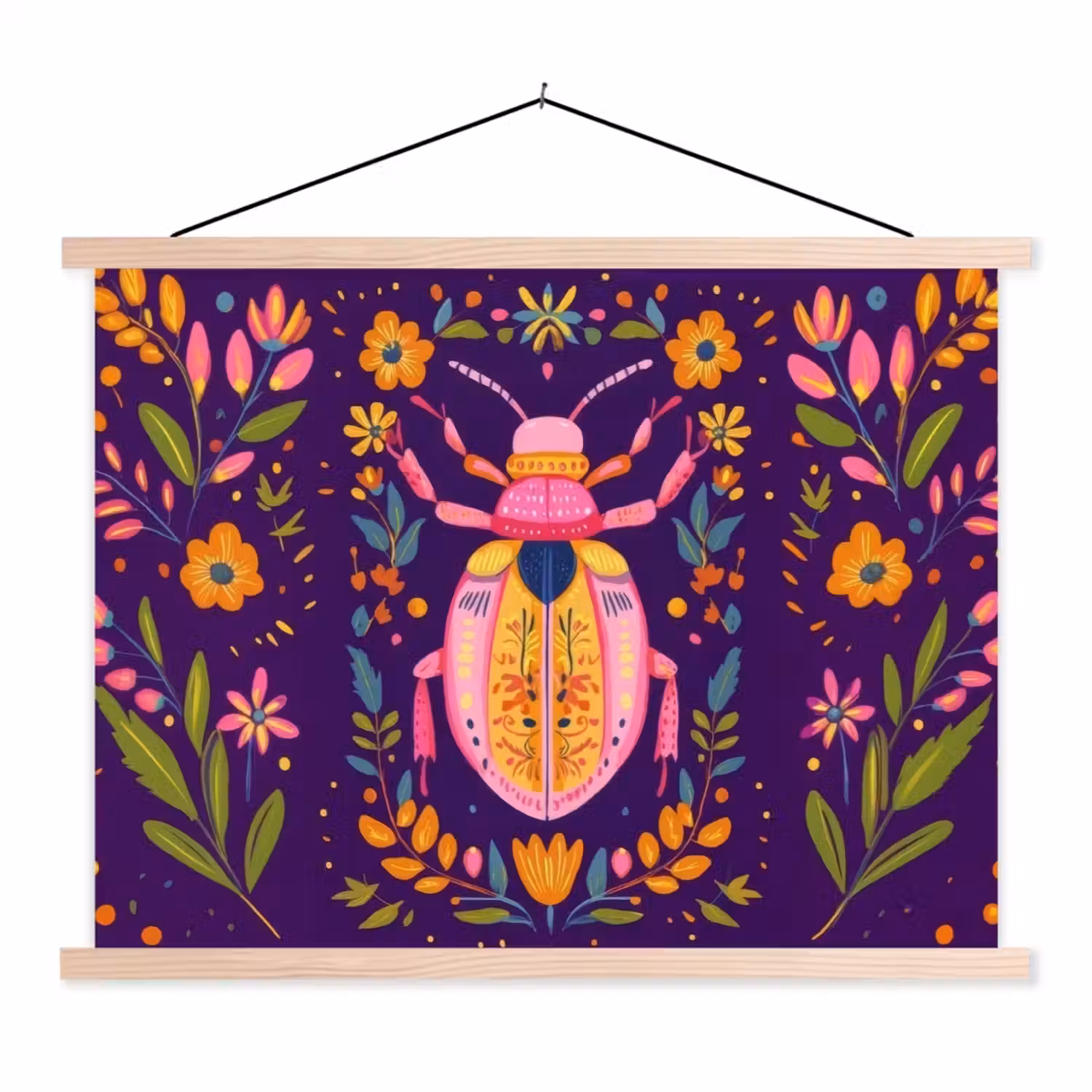 Kever - Felgekleurd - Bloemen - Bladeren textielposter latten blank klein -3d