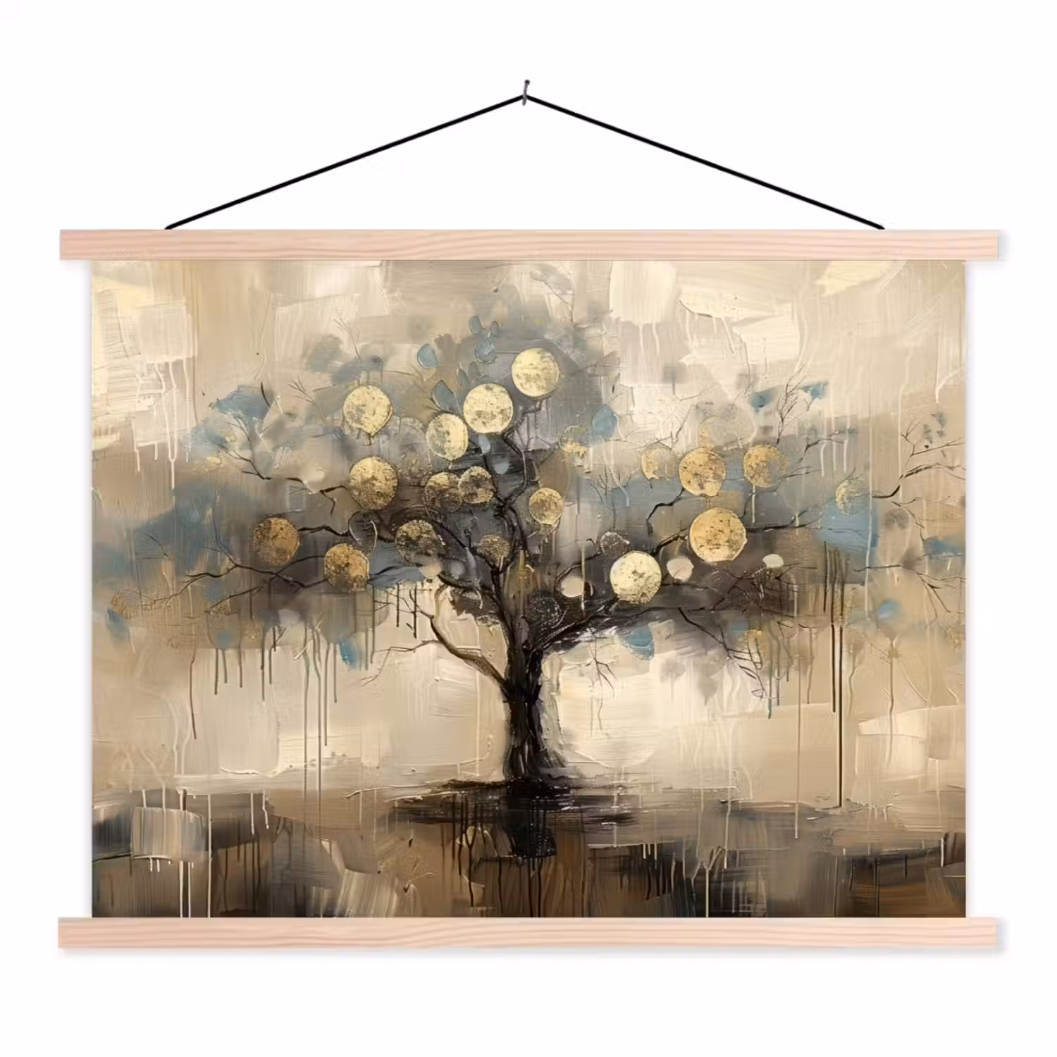 Beige - Abstract - Boom - Goud textielposter latten blank klein -3d